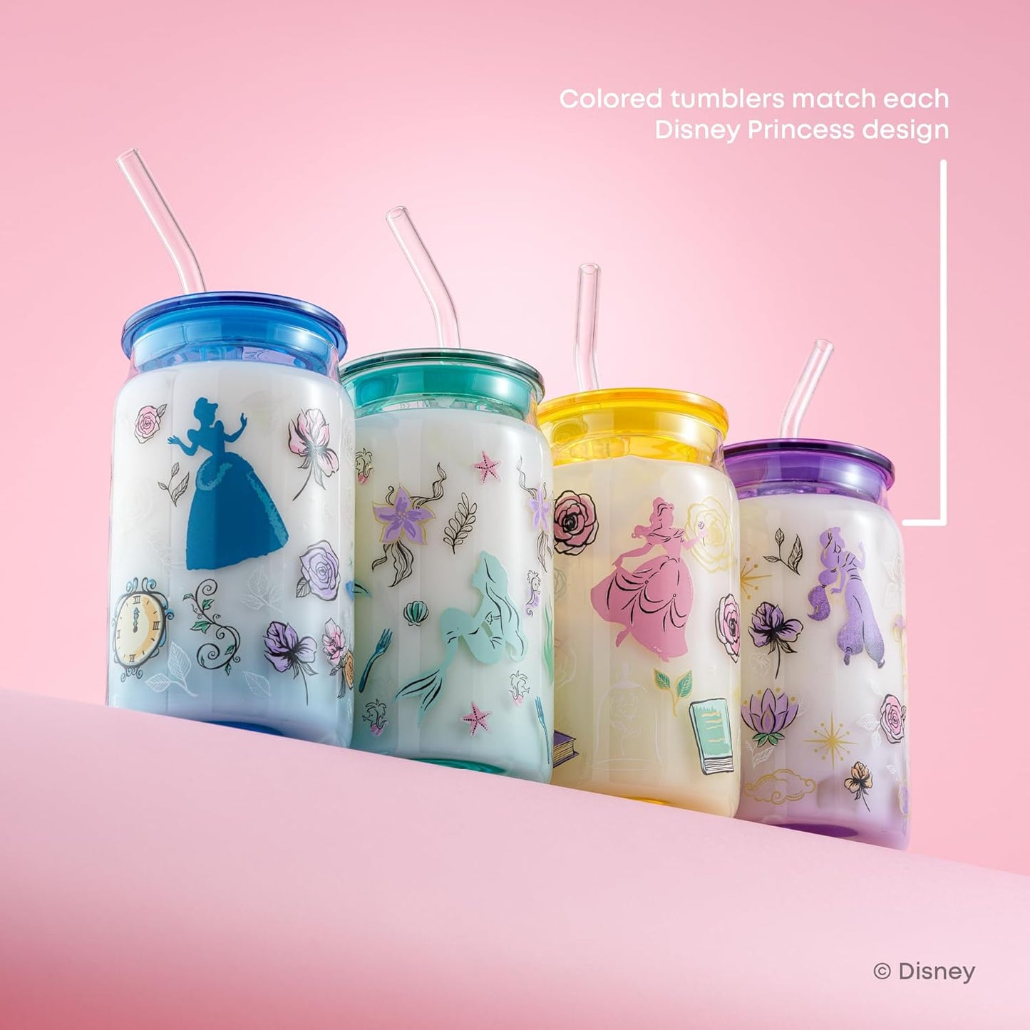 JoyJolt Disney Princess Icon Glass Tumblers with Lids and Straws, 16oz Glass Cups with Lids and Straws ft Princess Jasmine Ariel Cinderella Belle, 4pc Can Shaped Drinking Glasses, Iced Coffee Cups