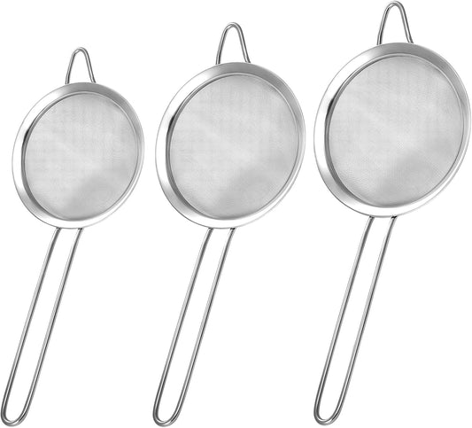3 Pack Fine Mesh Strainer, Small Stainless Steel Sieves with Handles, for Steeping Loose Leaf Tea, Straining Cocktail, Juice and Sifting Flour, Powdered Sugar