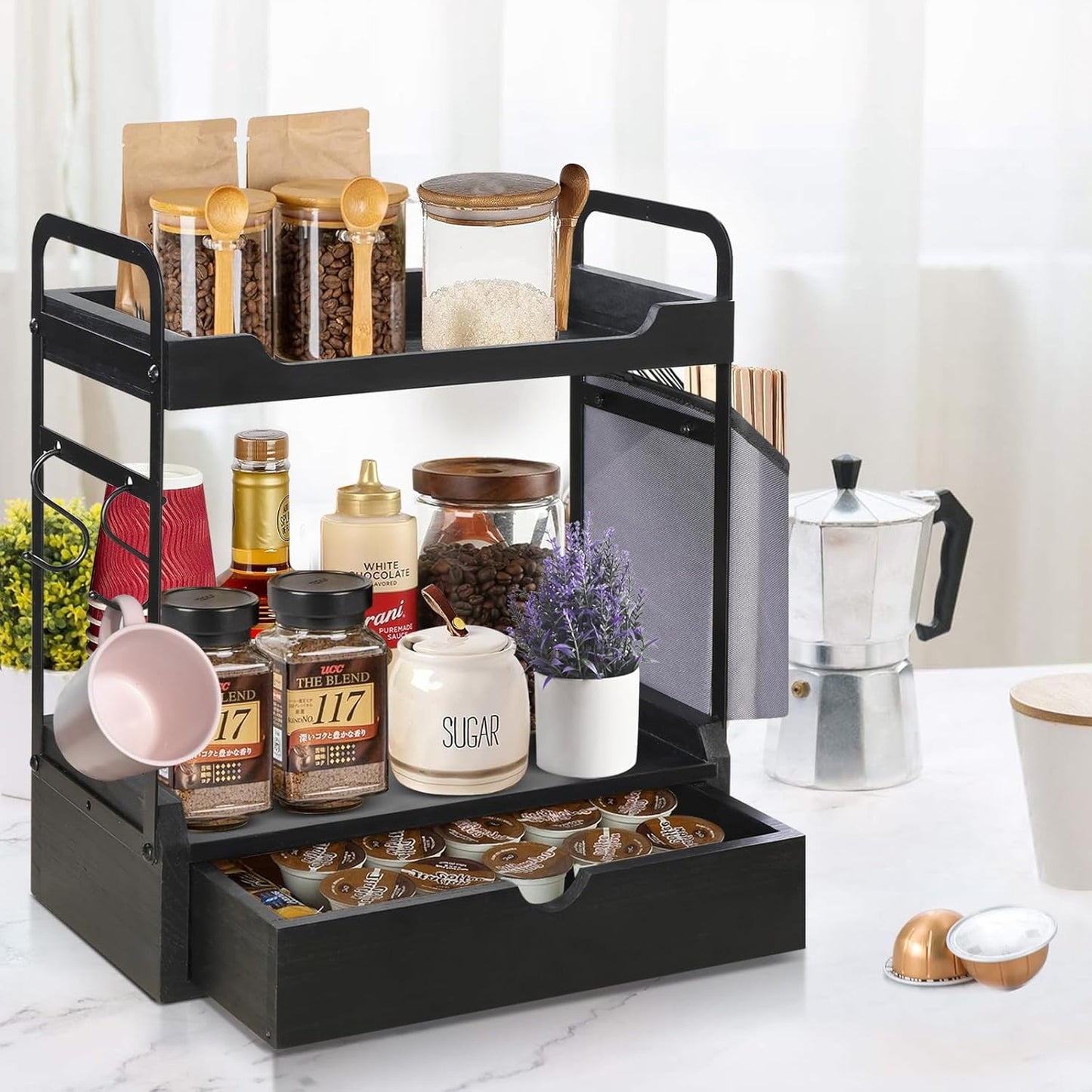 Wooden Coffee Bar Organizer - 2-Tier Station with Pod Holder, Syrup Snack Organizer, Bag & Hooks (Black)