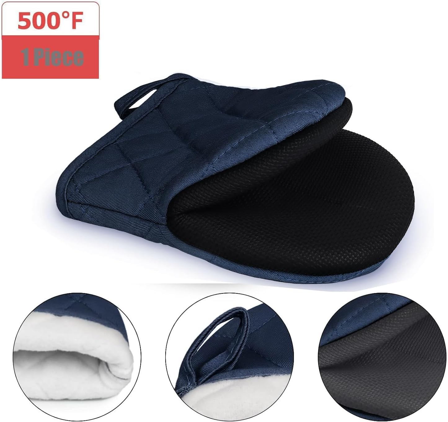 Short Oven Mitts, Heat Resistant Silicone Kitchen Mini Oven Mitts for 500 Degrees, Non-Slip Grip Surfaces and Hanging Loop Gloves, Baking Grilling Barbecue Microwave Machine Washable, 1 Piece