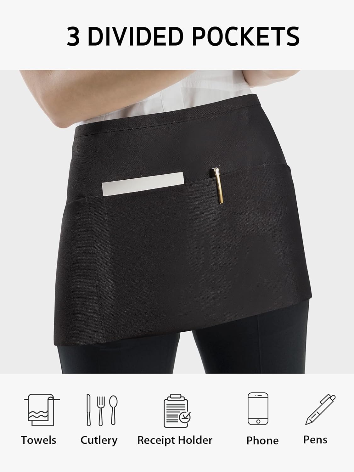 Syntus 6 Pack Server Apron with 3 Pockets, Waterdrop Resistant Waitress Waiter Waist Apron, 11.5-inch Black