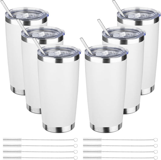 20oz Tumbler Bulk with Lid and Straw, Stainless Steel Double Wall Vacuum Insulated Travel Mug, Powder Coated Coffee Cups for Hot and Cold Drinks,Funny Gifts for Women Men(White,6)
