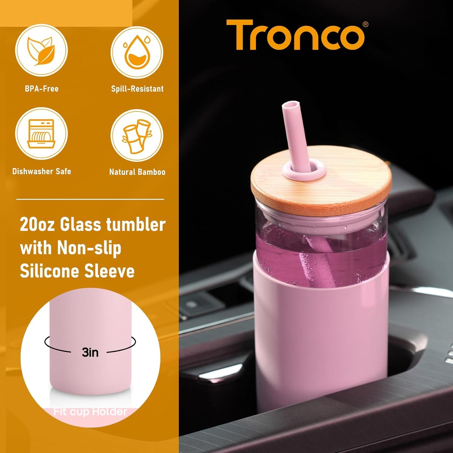 Tronco 20 oz Glass Tumbler Glass Water Bottle Straw Silicone Protective Sleeve Bamboo Lid - BPA Free (Terrazzo Blush)