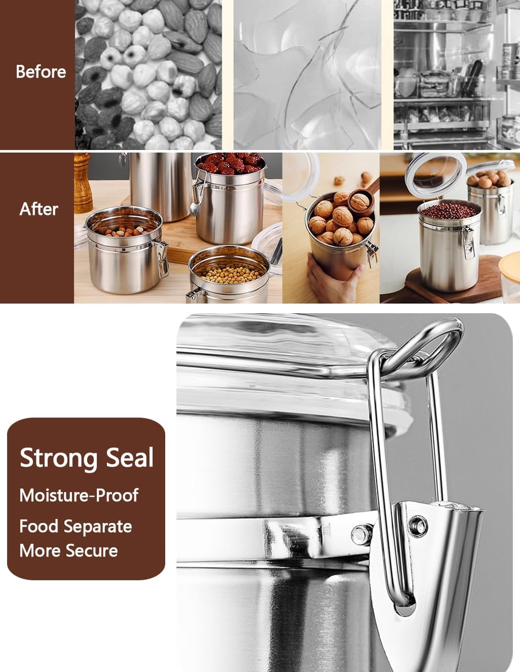 Stainless Steel Food Container with Clear Lids Airtight Container Stackable Small Canisters Kitchen Pantry Storage for Cereal, Snacks, Candy, Herbs, Spices, Sugar, Tea (1.2L Silver)