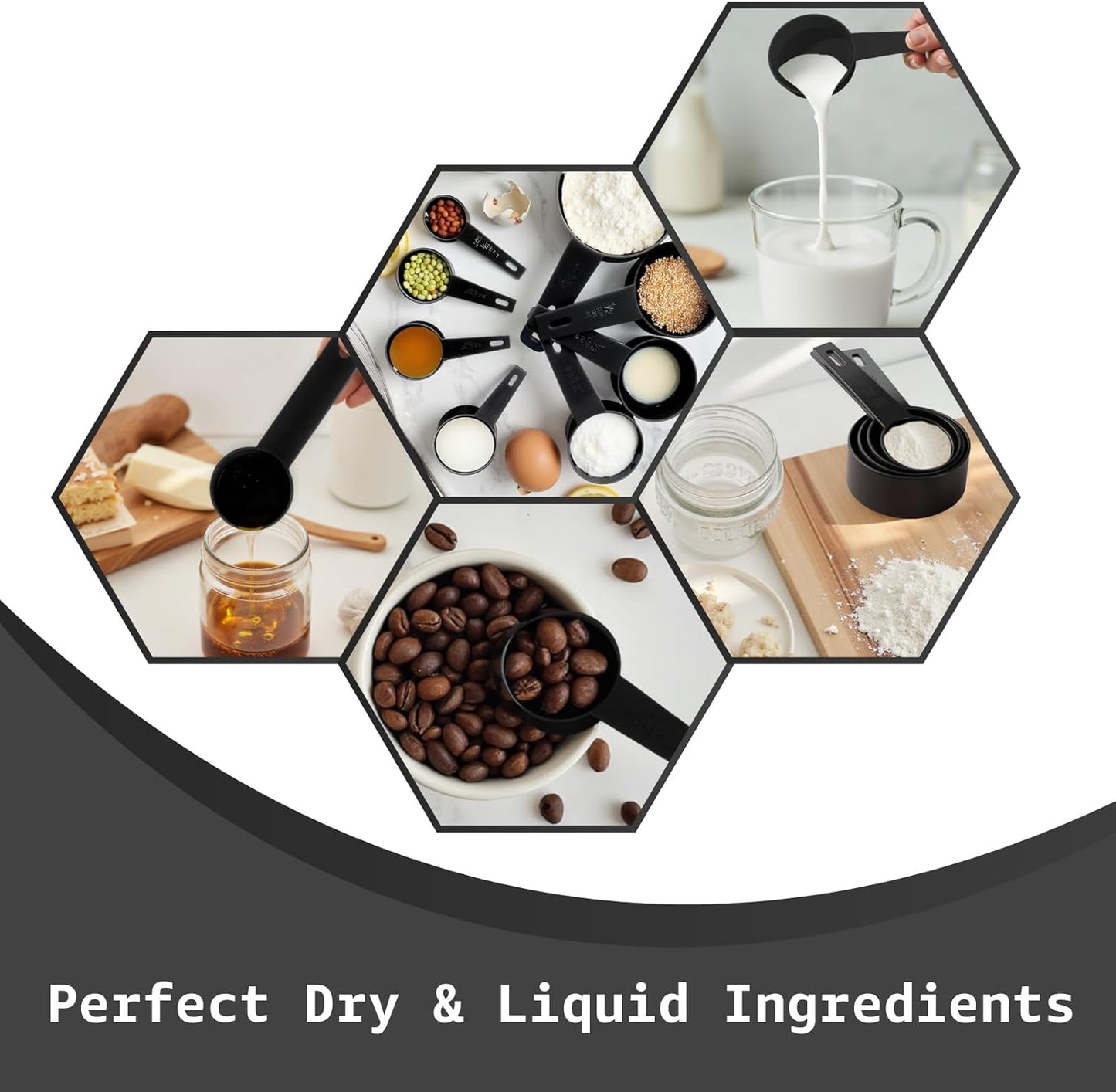 Inmorven 10pcs Measuring Cups and Spoons Set, BPA-Free Plastic Kitchen Baking Tools with Engraved Markings, Stackable Design for Dry & Liquid Ingredients (Black)