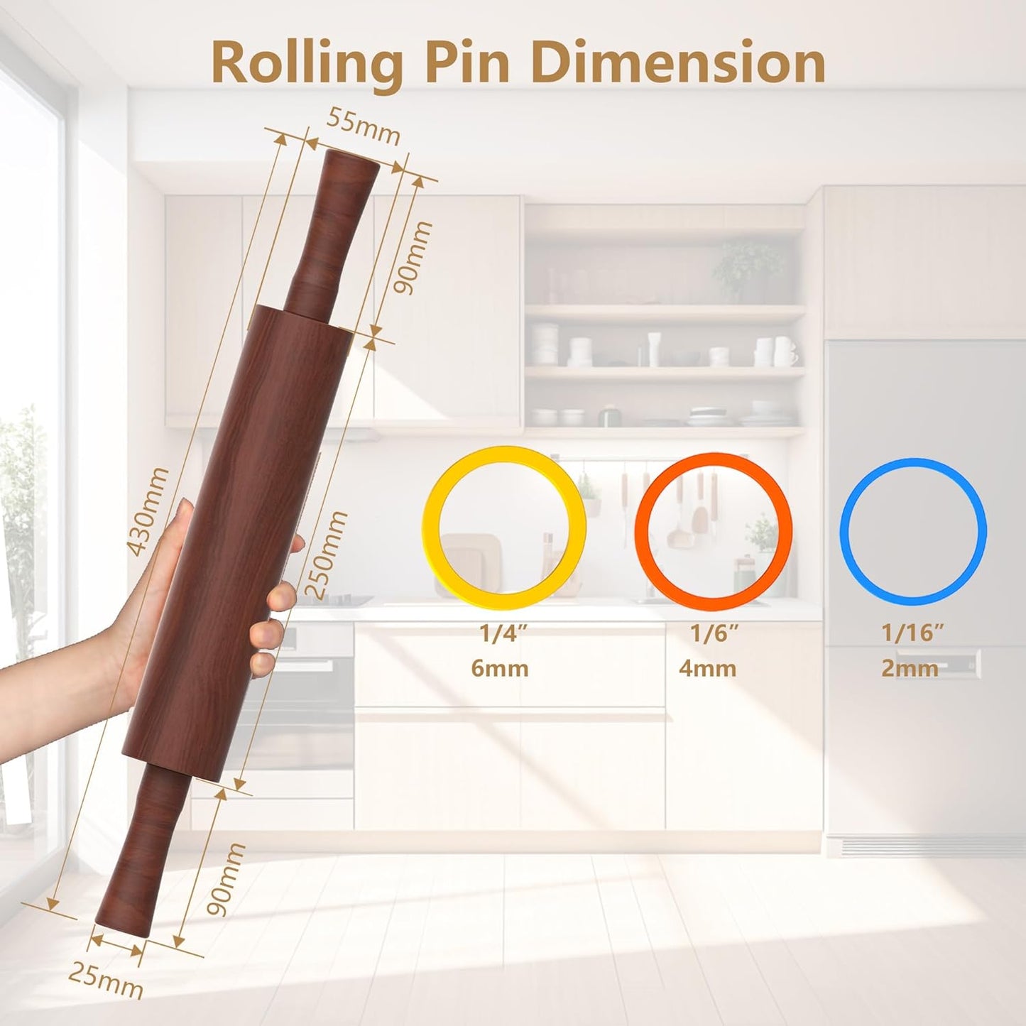Classic Wooden Rolling Pin with Handle for Fondant, Pizza, Pies, Cookies, Pastries, Rolling Pin for Baking with 3 Multi-Color Thickness Rings, 17" x 2.5" (Include handle) Sapele Rolling Pin