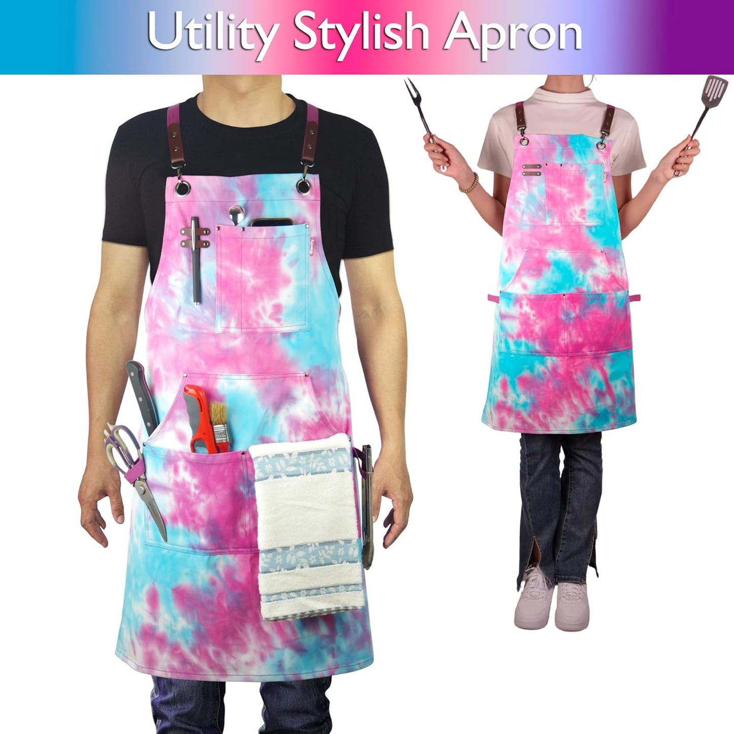 10 Pack Kitchen Apron, Work Apron, Canvas, Multiple Pockets, Gardening, Painting, BBQ, Artist, Carpenter, Sizes M to XXL, Phantom Blue