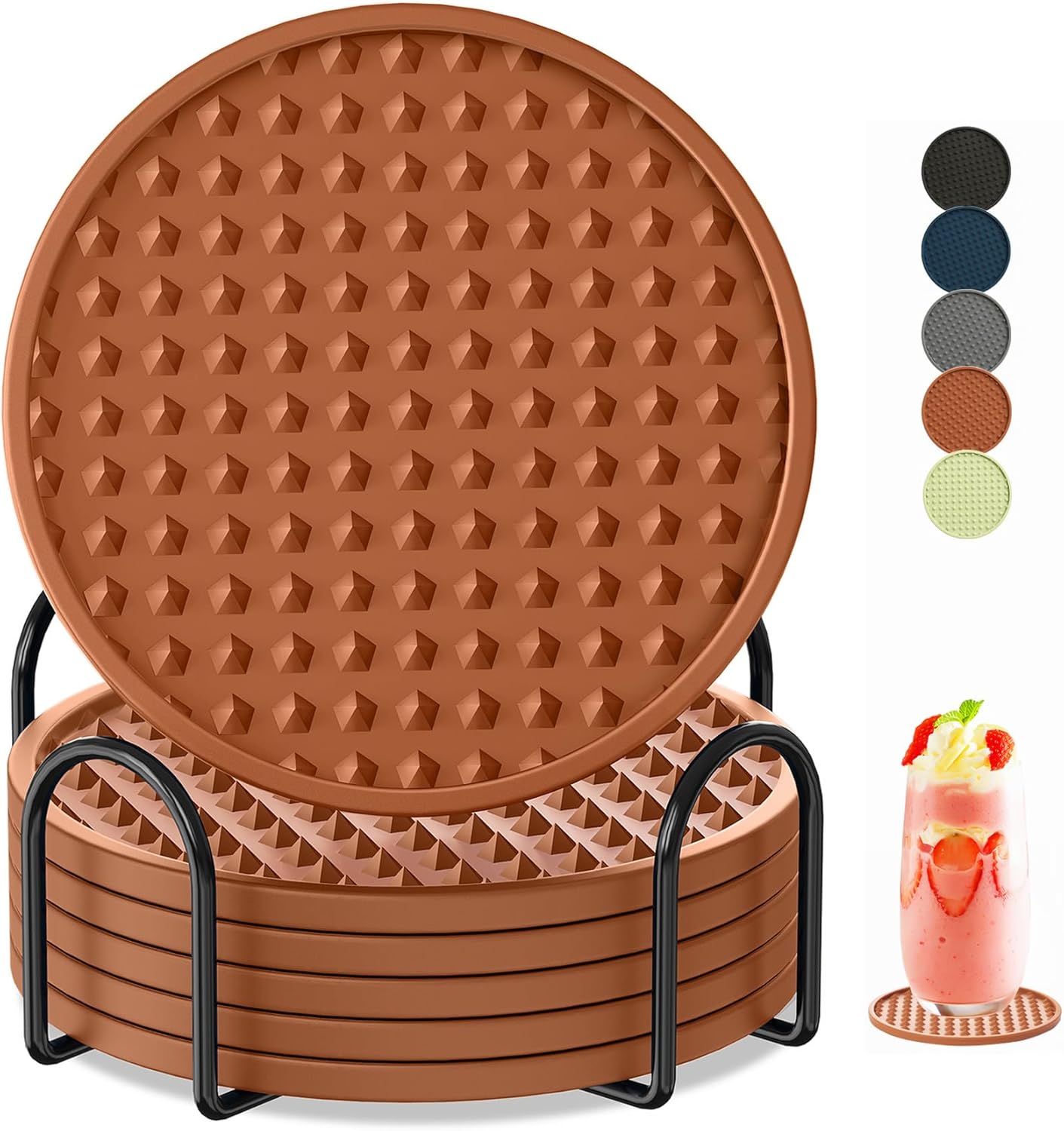 Coasters for Drinks 6 Pack Drink Plastic Coaster with Holder,Heat Resistant Silicone Cup Mat Tabletop Protection,Non-Slip Rubber Coasters for Kinds of Cups (Brown)