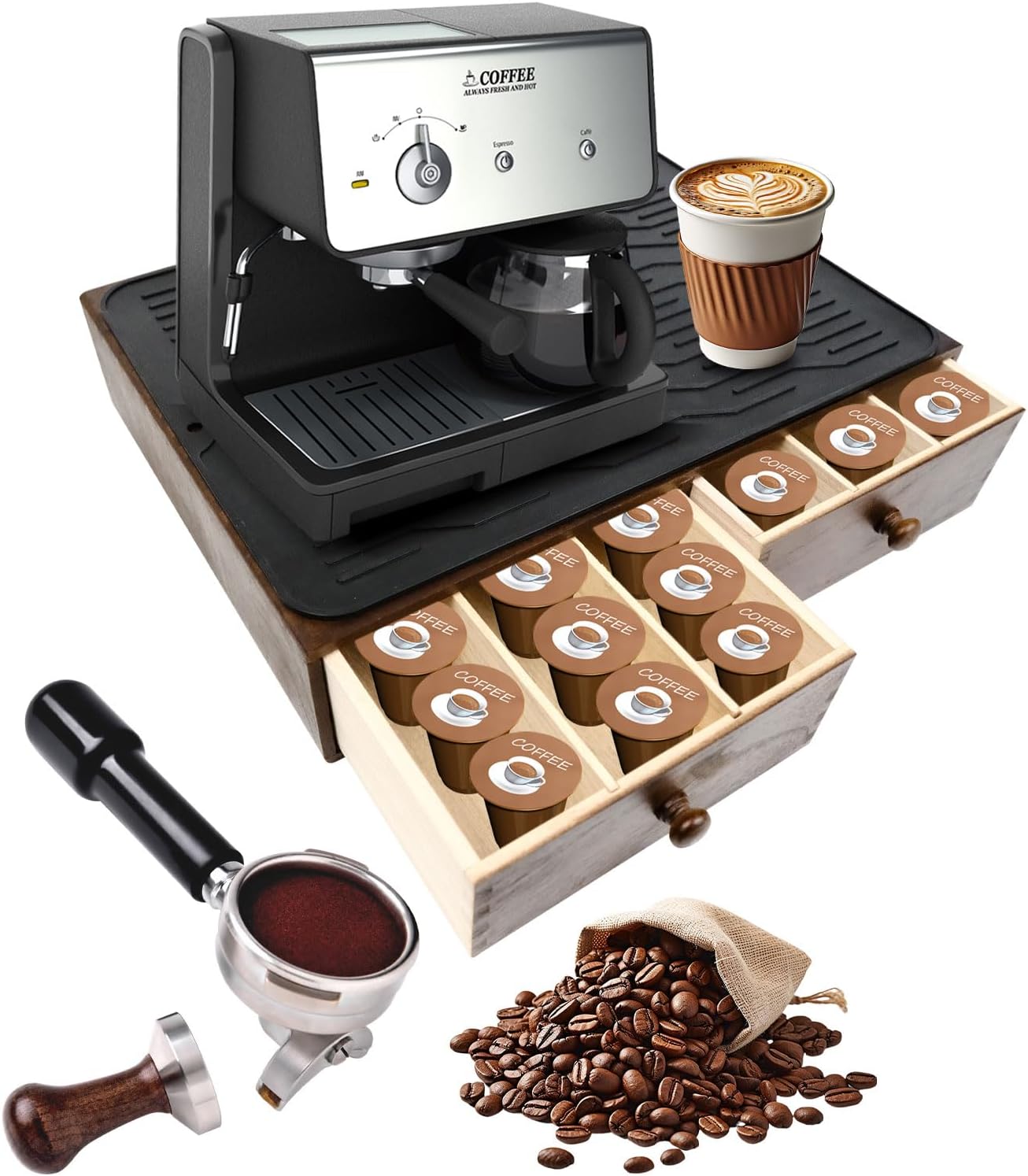 Wooden Coffee Pod Holder with Silicone Non-Slip Pad, Coffee Storage K Cup Organizer for Countertop, K Cup Drawer and Tea Organizer for Counter, Coffee Station Organizer (30 Pod Capacity)