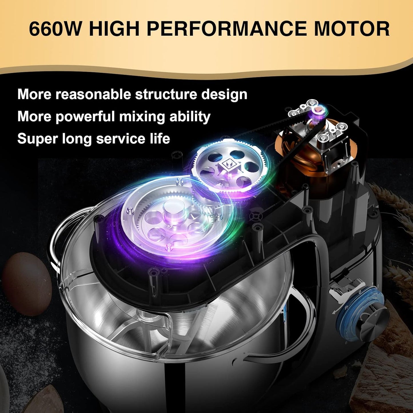 Stand Mixer, 9.5 Qt 660W, 6-Speed Tilt-Head Food Dough Mixer, Electric Kitchen Mixer with Dough Hook, Flat Beater & Wire Whisk, Mixing Bowl (9.5-QT, Black)