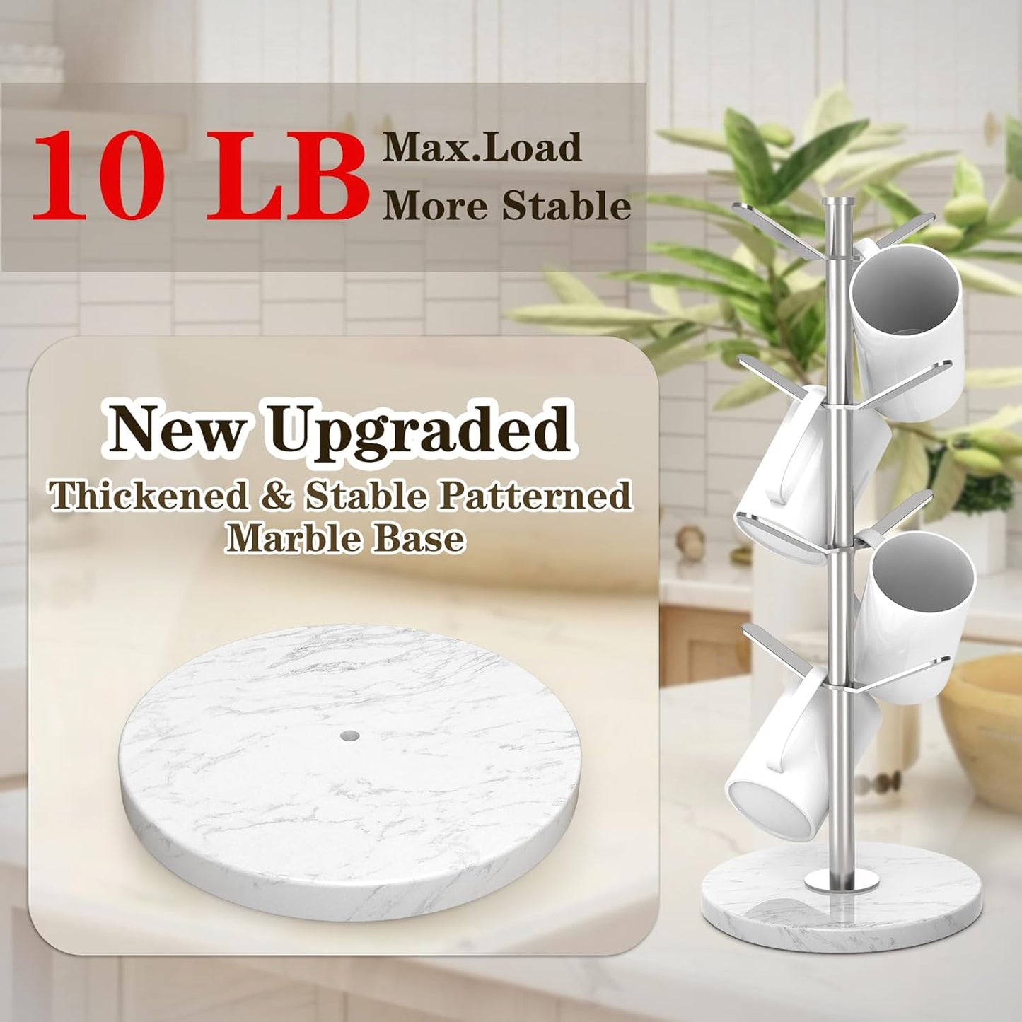 Marble Mug Holder Tree with 8 Hooks, Stainless Steel Coffee Cup Holder, Non-Slip Silicone Pads, Heavy Duty Marble Base, Countertop Organizer for Kitchen & Cafe, Silver