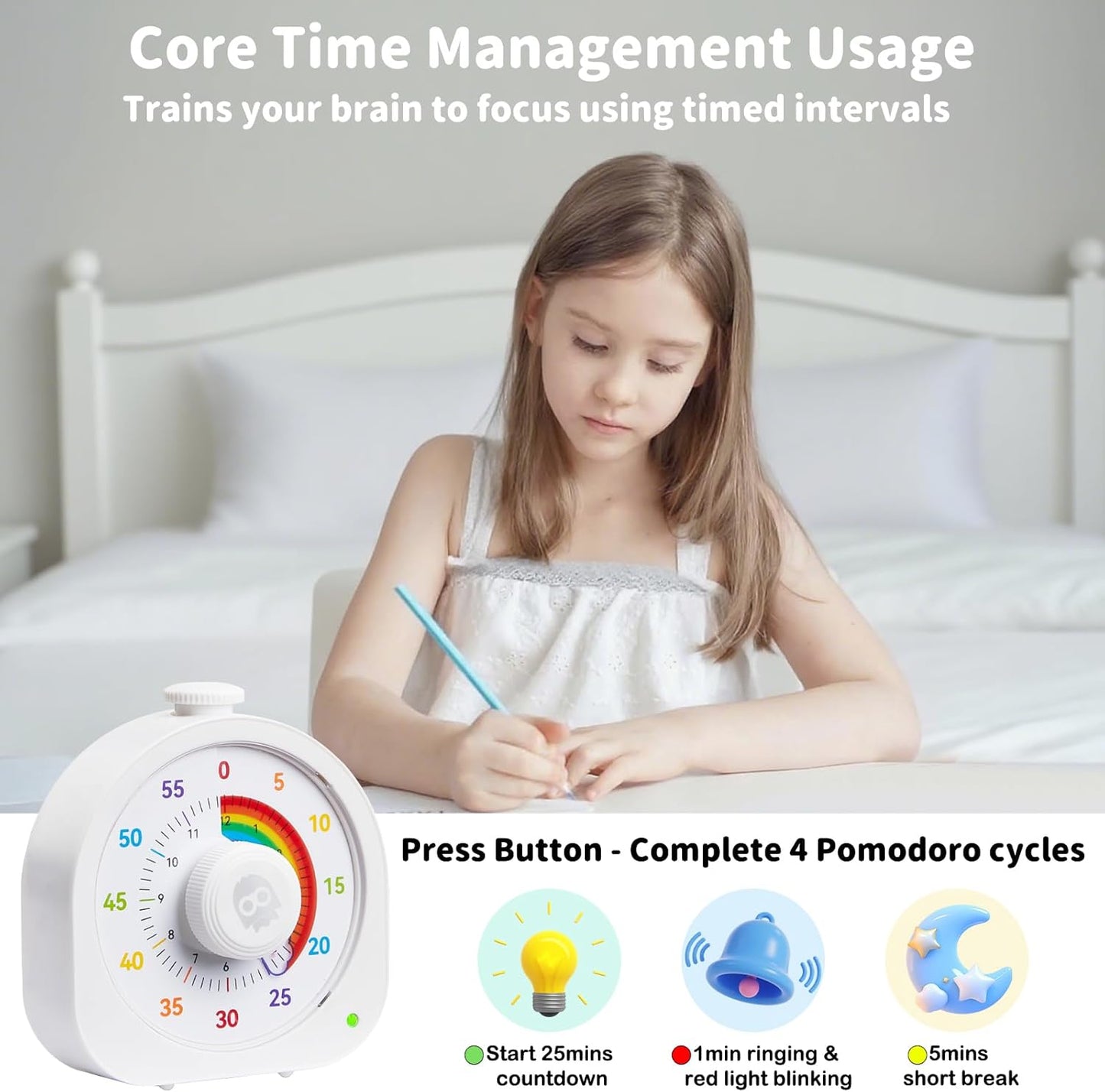 Visual Timer for Kids – 60min/12h Rainbow Magnetic Timer for Classroom, Rechargeable Silent Countdown Timer with Pomodoro Mode, ADHD Time Management Tool
