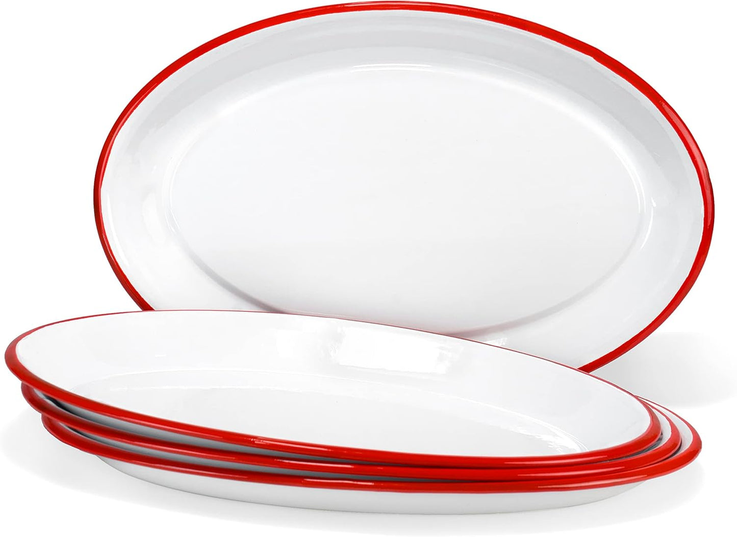 Red Co. Set of 4 Enamelware Metal Classic 13" Serving Oval Tray Platter, Solid White/Red Rim