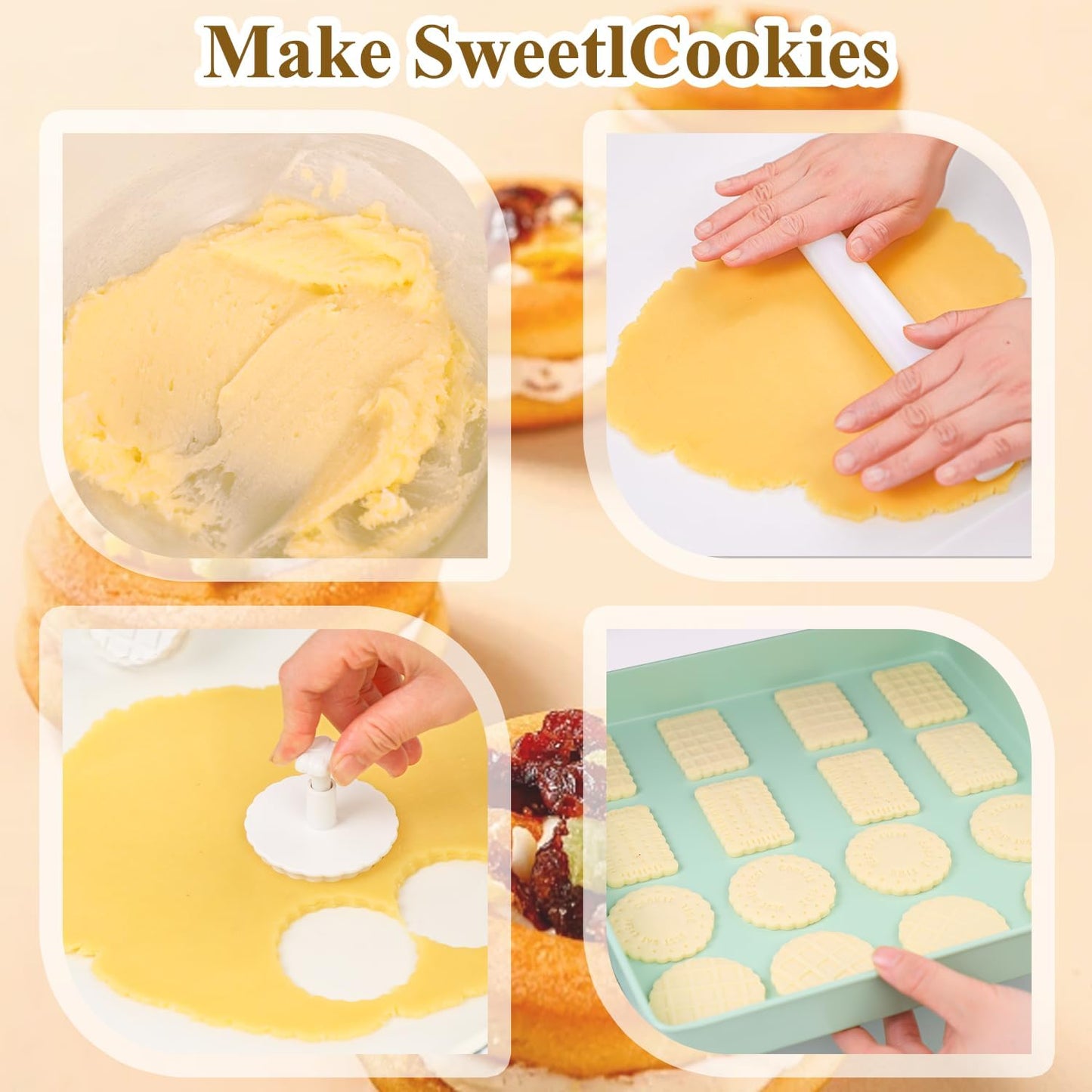 4 Pcs Cookie Press Mold, Waffle Cookie Stamp Mold, With Cute Cat Paw Shaped Plunger Stamp, Easy to Use, for Treats DIY Baking, Cake, Pastry