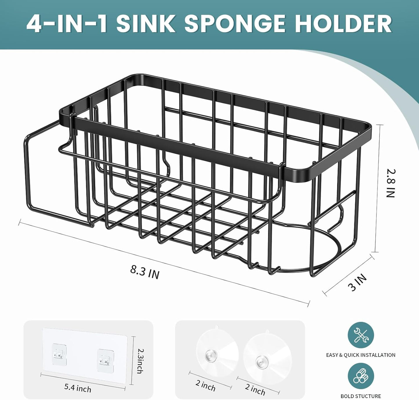 StorageRight 4-in-1 Sponge Holder for Kitchen Sink, Kitchen Organizers and Storage with Adhesive Hook & Suction Cups, Rustproof Sink Caddy for Kitchen Decor, Kitchen Sink Organizer - Black
