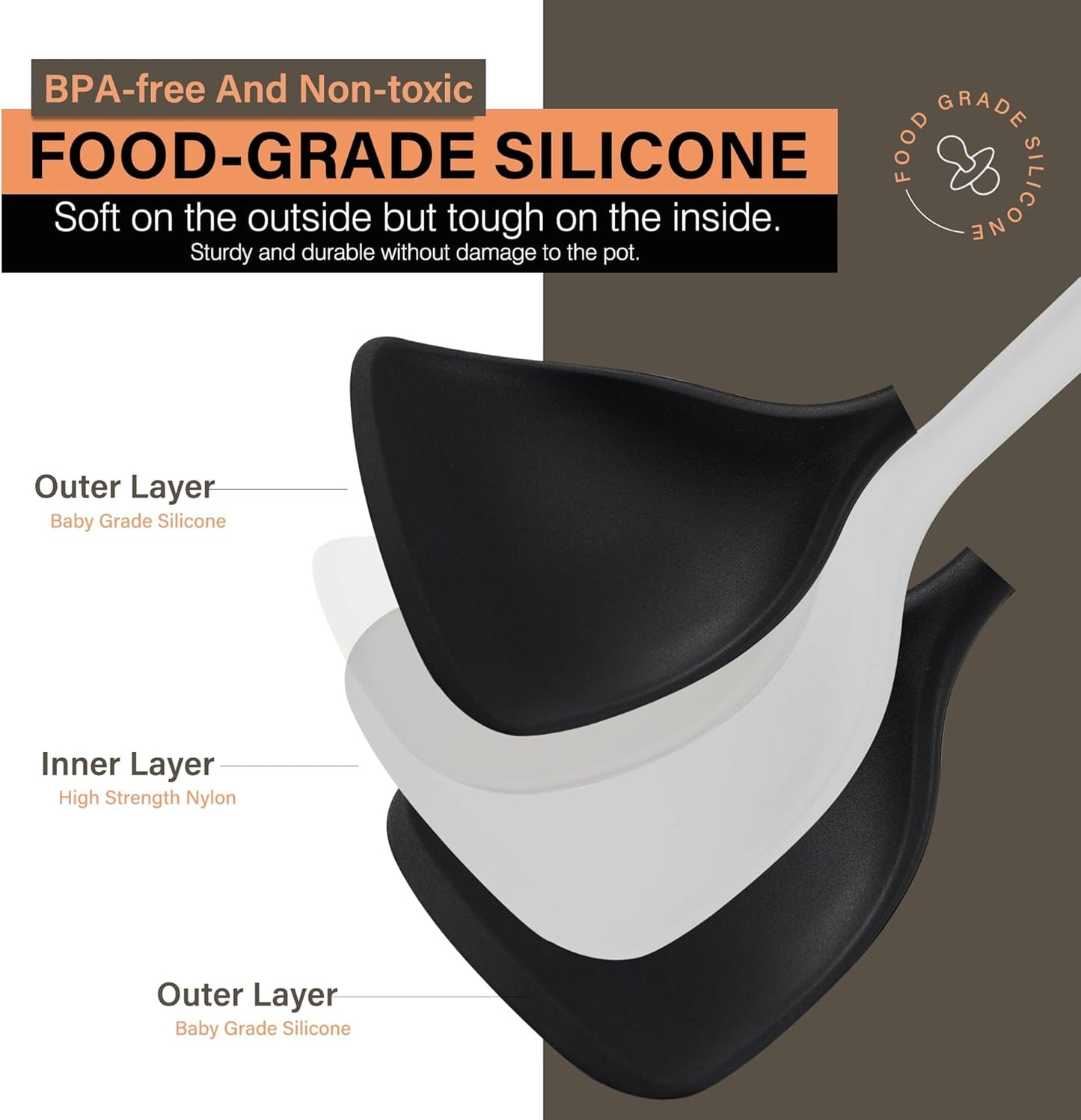 Silicone Cooking Utensils Set, Heat Resistance Large Kitchen Utensils Set with Long Wooden Handle, BPA-free Silicone Spatula, 6 Pcs Cooking Spoons for Non Stick Frying Pans and Pots（Black）