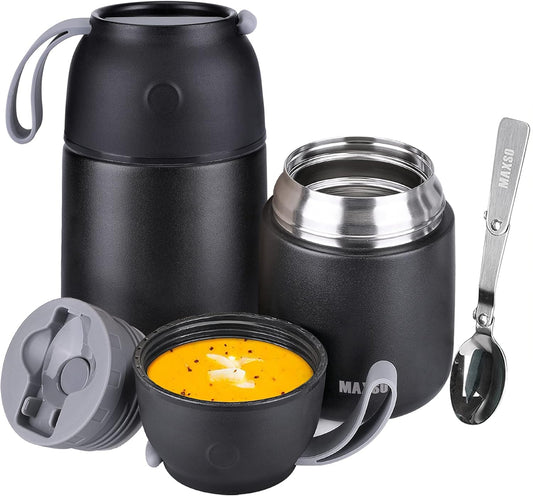 Insulated Thermo Food Jar for Hot & Cold Food for Kids Adult, 17&24 oz Soup Thermal Hot Food Containers for Lunch, Triple Layer Insulation Stainless Steel Food Jar with Spoon (2 Pack Black)