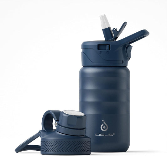 IDEUS Insulated Water Bottle 12oz, Stainless Steel Insulated Water Bottle For School, Insulated Bottles With Straws Leakproof, Vacuum Double Wall Water Bottles For Boys And Girls With 2 Lids, BPA Free