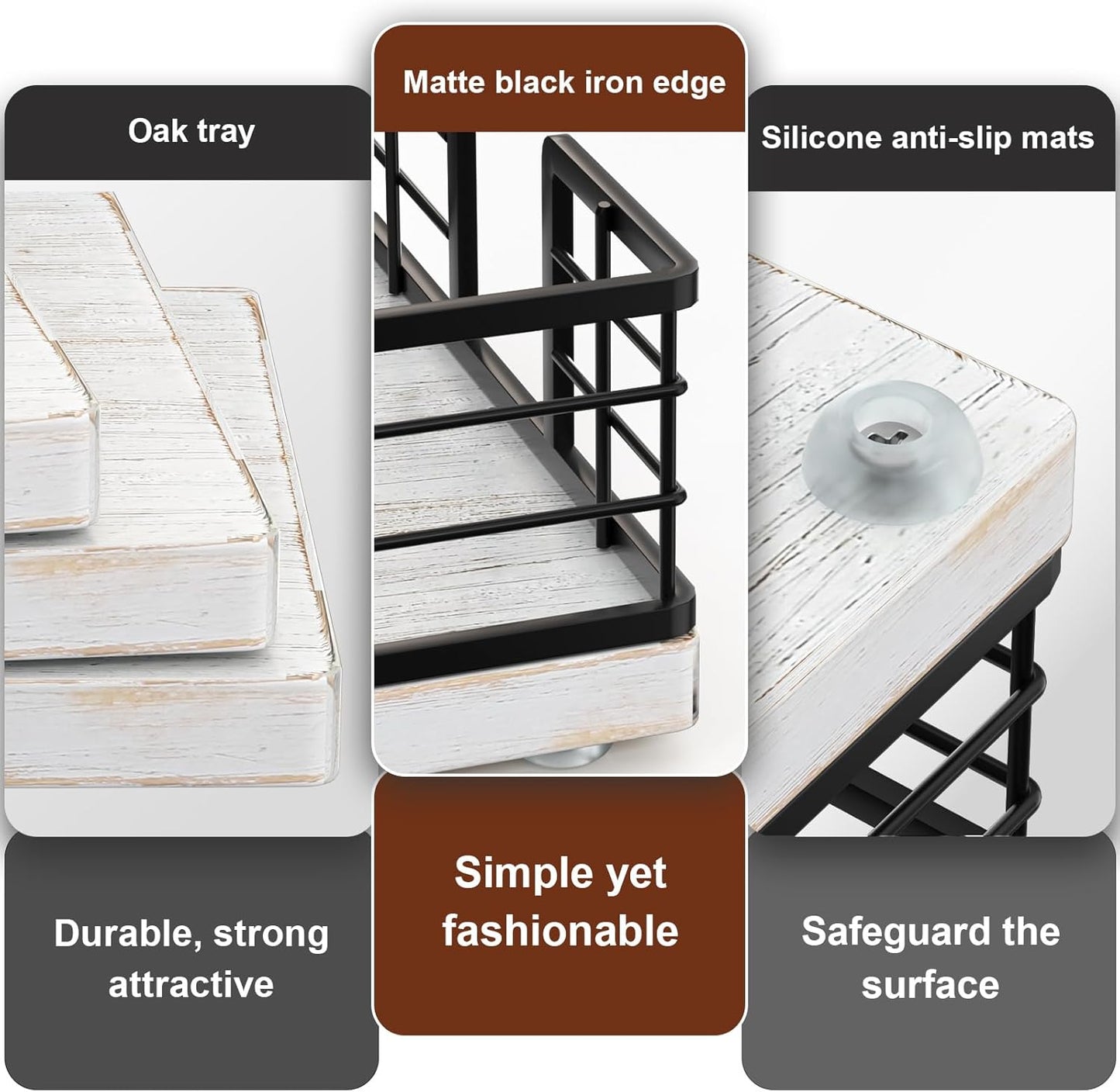 Wican Guest Towel Holder Tray for Bathroom, Oak and Iron Napkins Holder for Powder Room Dinning Table Wooden Basket for Disposable Paper Hand Towels Black and Farmhouse White