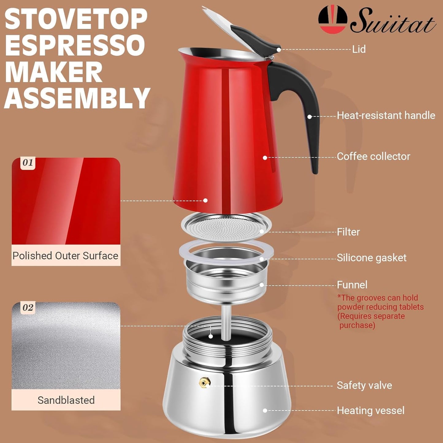Moka Pot, 9 Cups (15.9 oz) Stovetop Espresso Maker, 304 Stainless Steel Moka Pot, Induction Compatible, Red