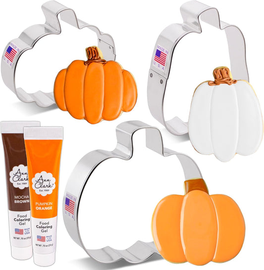 Ann Clark Pumpkin Cookie Cutters and Decorating 5-Pc. Set - Made in USA With Tall Pumpkin, Gourd Shapes, Brown & Orange Food Coloring Gel