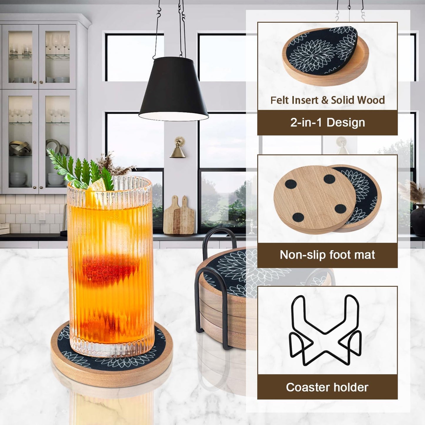 Wood Coasters Set of 4 with Holder, Cewiru Cup Mat for Drinks, Absorbent Coasters with Felt Insert for Coffee Table Protection, Modern Style Home Dining Table Decor, 4.3" Black