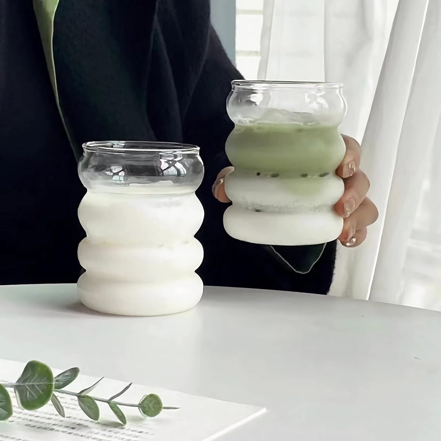 4 Pcs Drinking Glasses with Glass Straw 14oz Glassware Set,Cocktail Glasses,Iced Coffee Glasses,Beer Glasses,Ideal for Water,Soda,Tea,Gift - with Cleaning Brushe