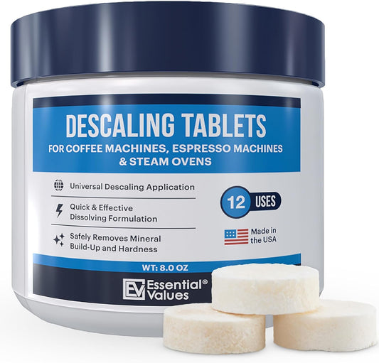 Essential Values Descaling Tablets (12 Count/Up to 12 Uses) for Jura, Miele, Bosch, Tassimo Espresso Machines and Miele Steam Ovens (1 Pack)