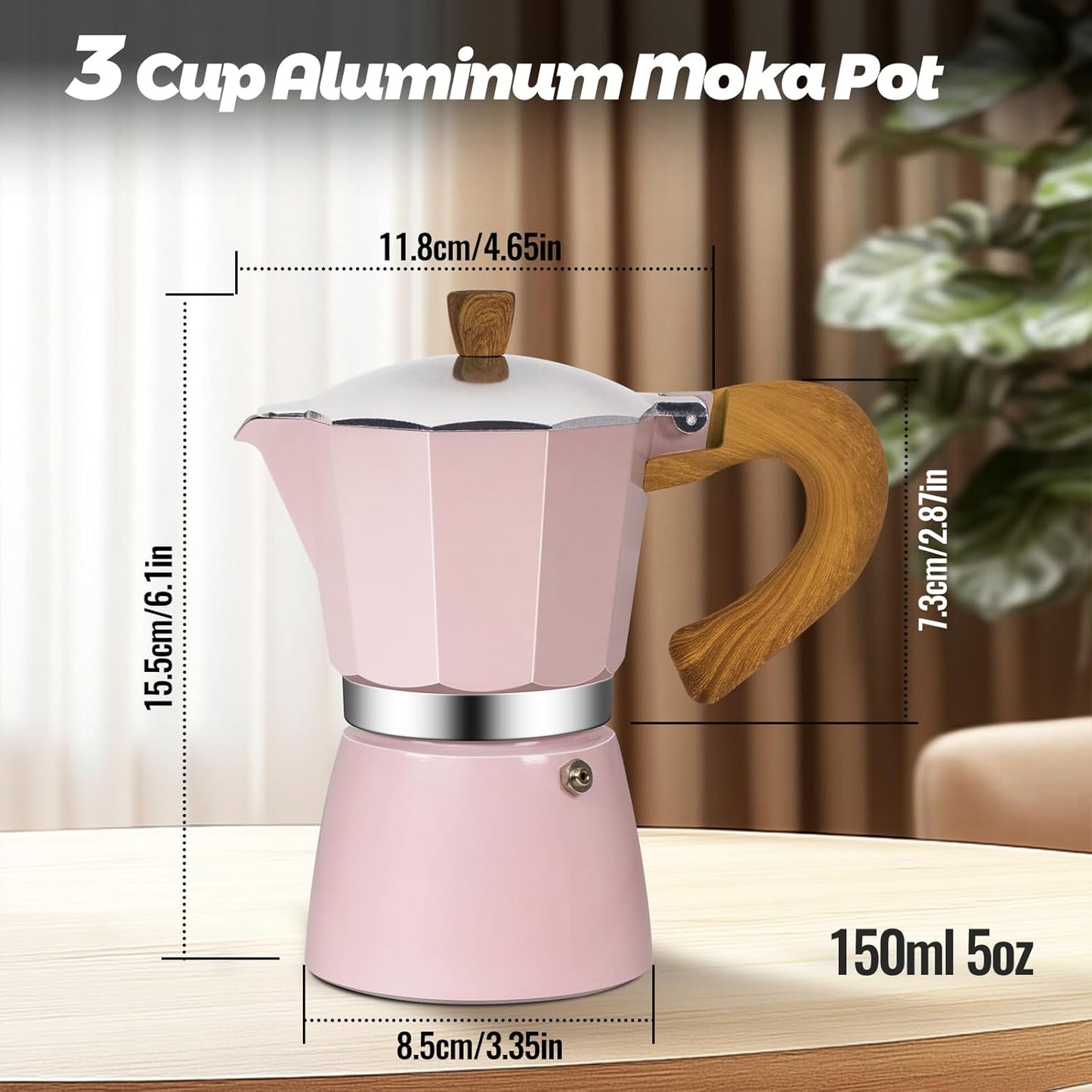 3 Cup Aluminum Moka Pot Classic Stovetop Espresso Coffee Maker 150ml 5oz Coffeemaker Percolator Mocha Pot Greca Coffee Maker Cafe Makers for Italian and Cuban Café Brewing Pink