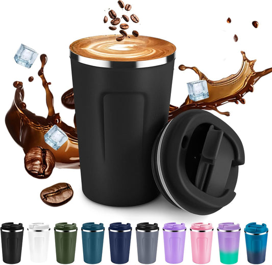 Volhoply 12 oz Double Wall Insulated Vacuum Travel Coffee Mug with Flip Lid,Reusable Stainless Steel Leak Proof Coffee Cup,Portable Iced Cafe Thermal Tumbler Suitable for Hot&Cold Drinks(Black,1 Set)