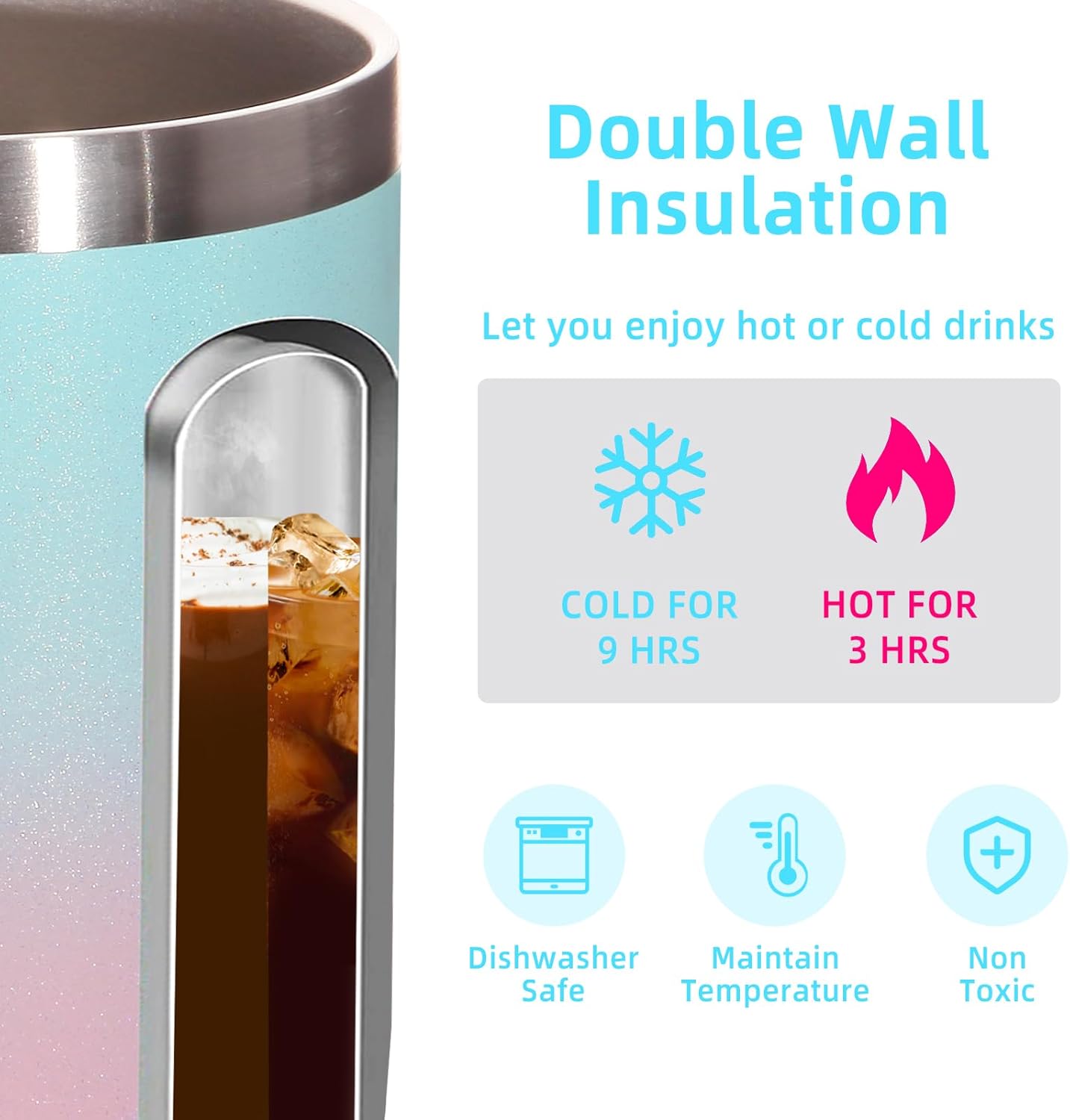 Volhoply 14oz Insulated Stainless Steel Coffee Mug with Leakproof Lid,Double Wall Vacuum Travel Coffee Cup with Handle, Reusable Cups Tumbler,Camping Mugs Keep Hot, Ideal Gifts(Green Pink,1 Set)