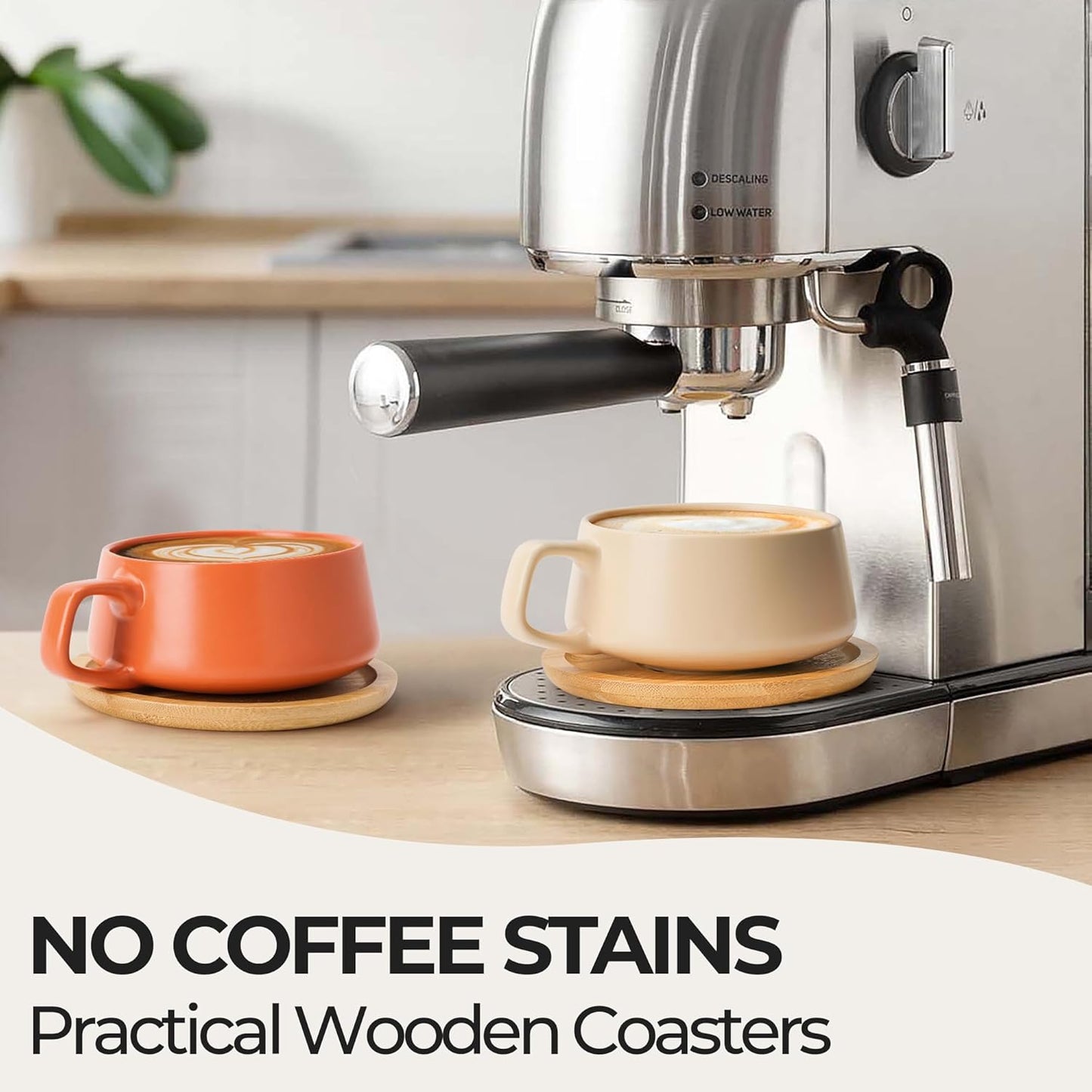 MIAMIO – 11 Oz., Set of 4 Ceramic Tea Cup and Saucer Bamboo/Tea Mug - Wide Cappuccino Cup, Coffee Cups Ceramic Mug for Cappuccino, Latte, Espresso & Americano - Luxe Collection (Beige Pastel)