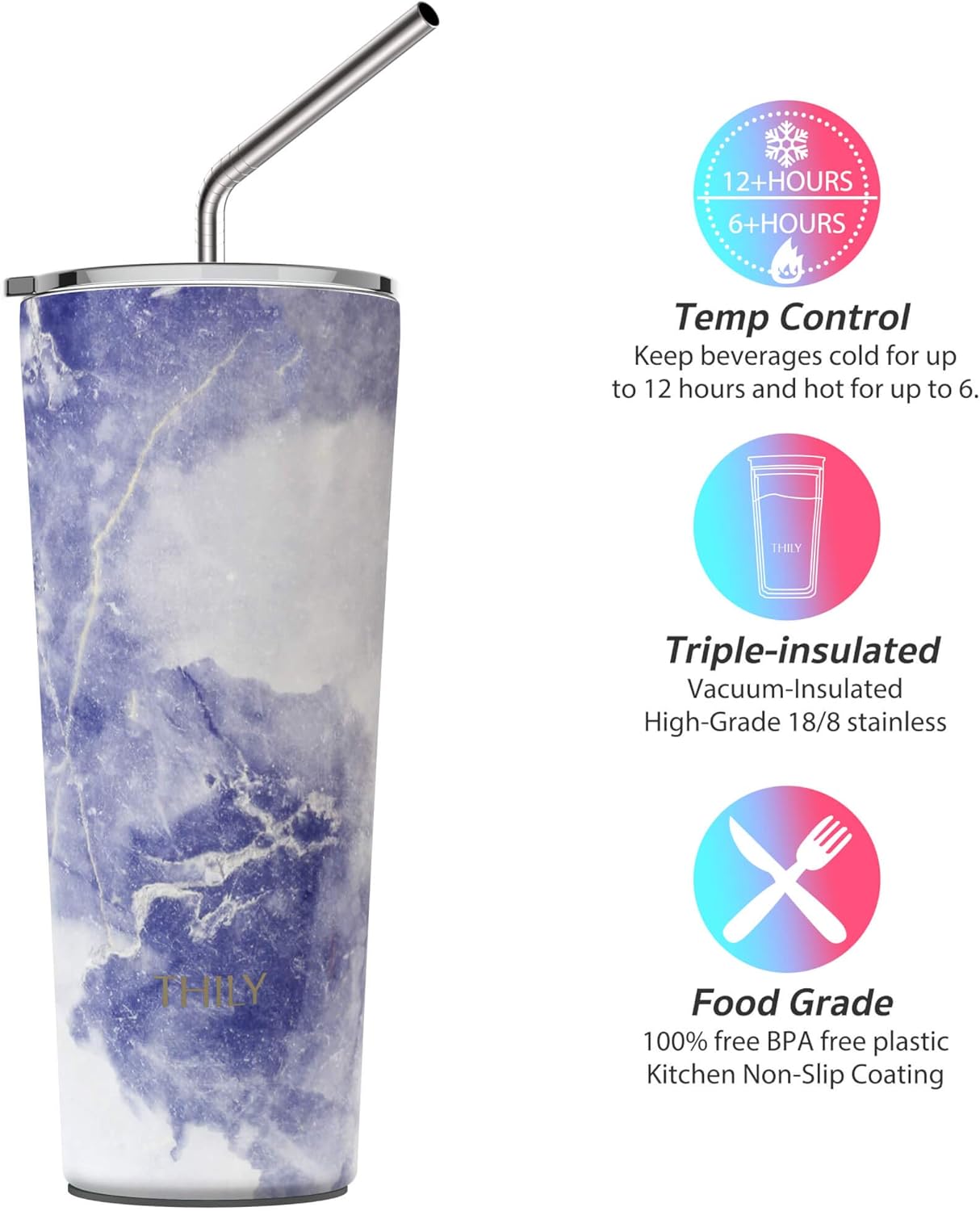 THILY Stainless Steel Vacuum Insulated Tumbler Travel Mug 26 oz Coffee Cup with 2 Lids and Straws, Splash Proof, Keep Ice Drinks Cold, Blue Marble