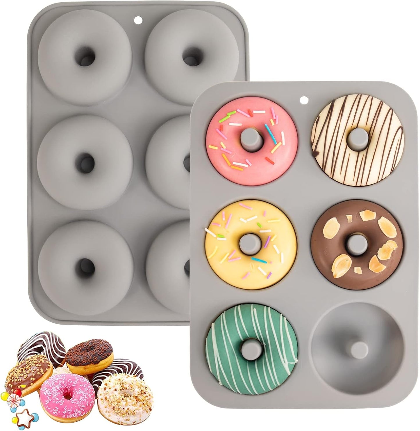 Aichoof Silicone Donut Mold for 6 Doughnuts, Set of 2. Food Grade LFGB Silicone Bagels Baking Pan, Non-Stick, Dishwasher Safe, Heat Resistant and Microwave Safe(Gray)