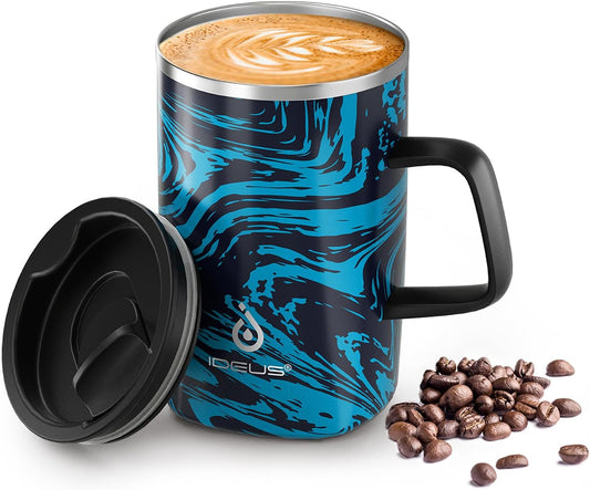 Ideus Vacuum Insulated Coffee Mug, 16oz Reusable Stainless Steel Thermal Double Walled cup with Handle and Slider Lid for Hot & Cold Beverages, BPA Free (Blue Zebra)