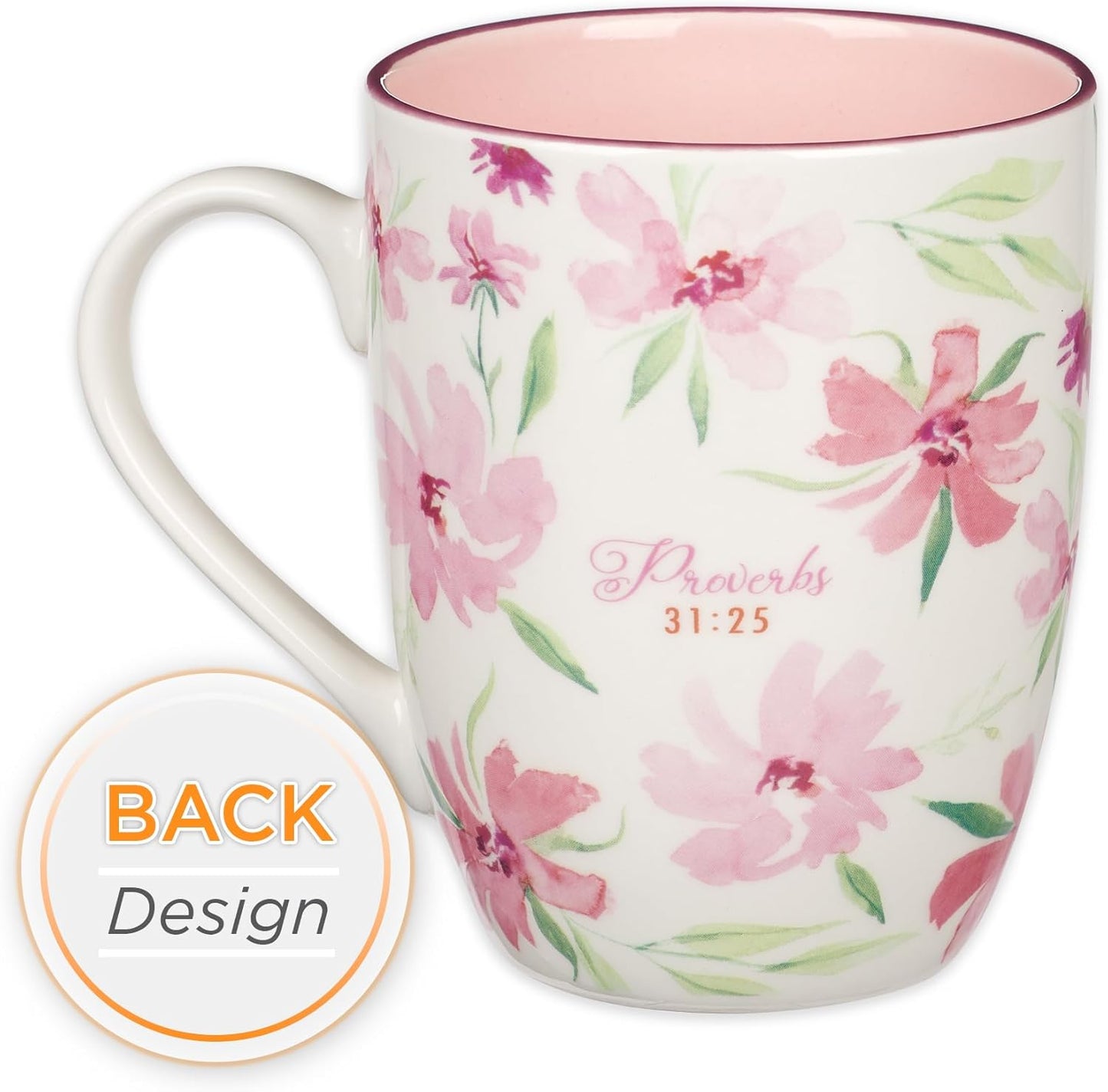 Christian Art Gifts Inspirational Ceramic Coffee & Tea Scripture Mug for Women: Strength & Dignity Encouraging Bible Verse, Microwave & Dishwasher Safe Novelty Drinkware, White & Pink Floral, 12 oz.