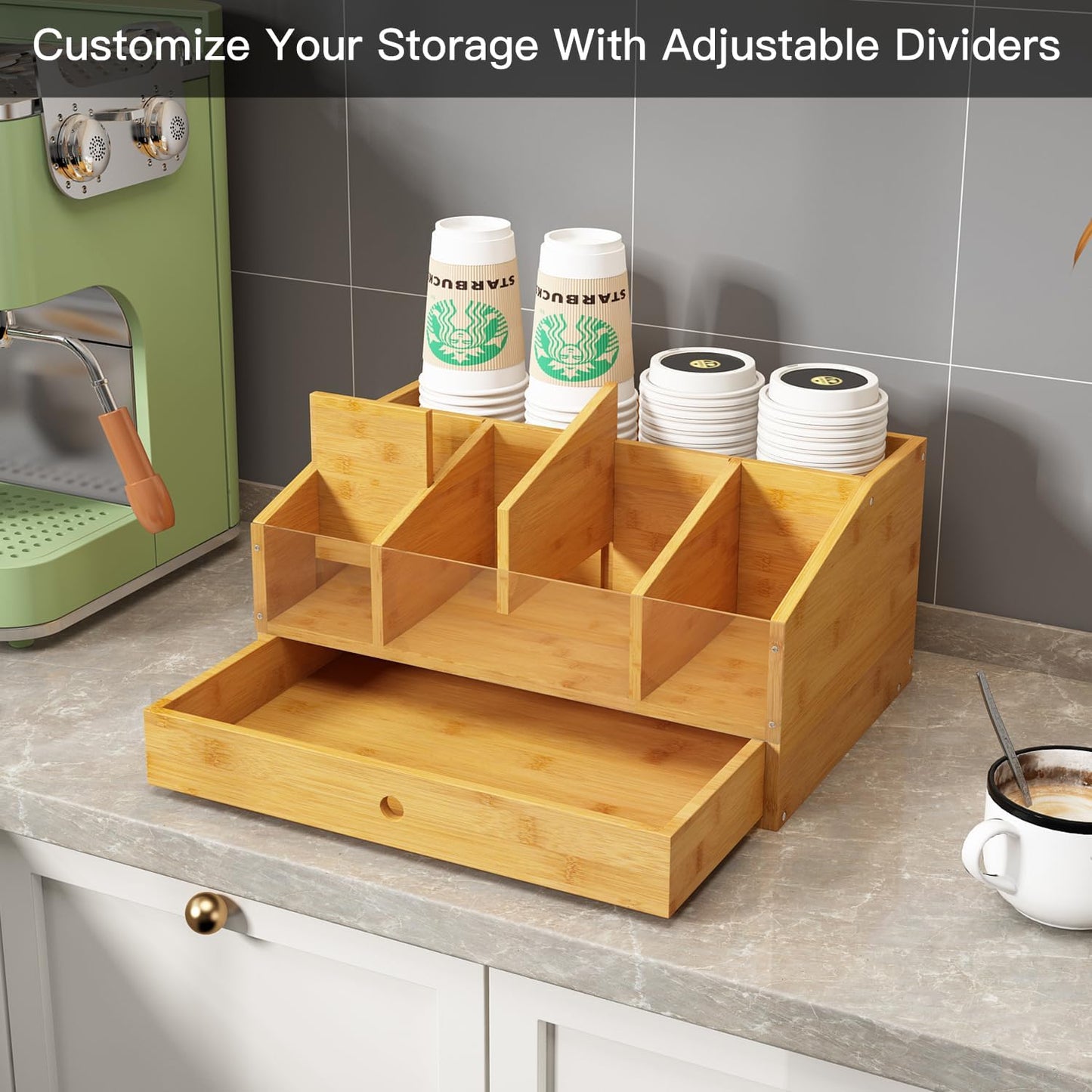 Coffee Station Organizer for Countertop Coffee Condiment Organizer, Office Coffee Station, Small Cute Coffee Bar Organizer – Bamboo & Wooden Storage with Removable Dividers & Drawer