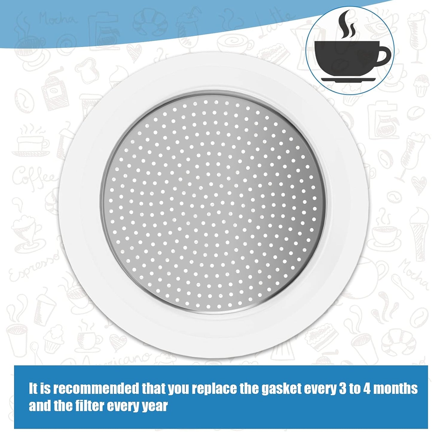 6 Pieces Moka Pot Replacement Cup Gasket with 2 Pcs Stainless Filter Silicone Moka Express Replacement Seals Funnel Kits Compatible Espresso Coffee Maker Parts(3-cup)