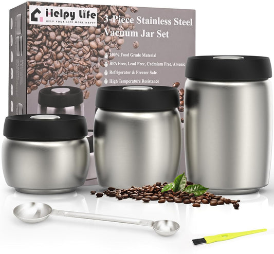 Vacuum Coffee Canister, Coffee Bean Storage with Scoop, 304 Stainless Steel Airtight Food Storage Container, Perfect for Coffee Beans,Grounds,Loose Leaf Tea,2400ml/32OZ (S+M+L)