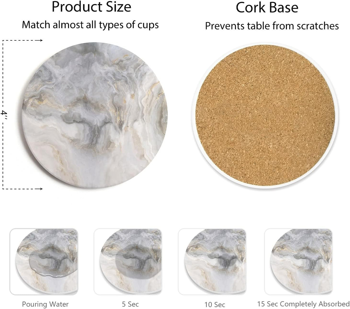 Set of 6 Abstract Gray White Marble Coasters with Holder, Absorbent Ceramic Coasters for Drinks, Coasters with Cork Backing for Table Protection, Housewarming Gifts for New Home