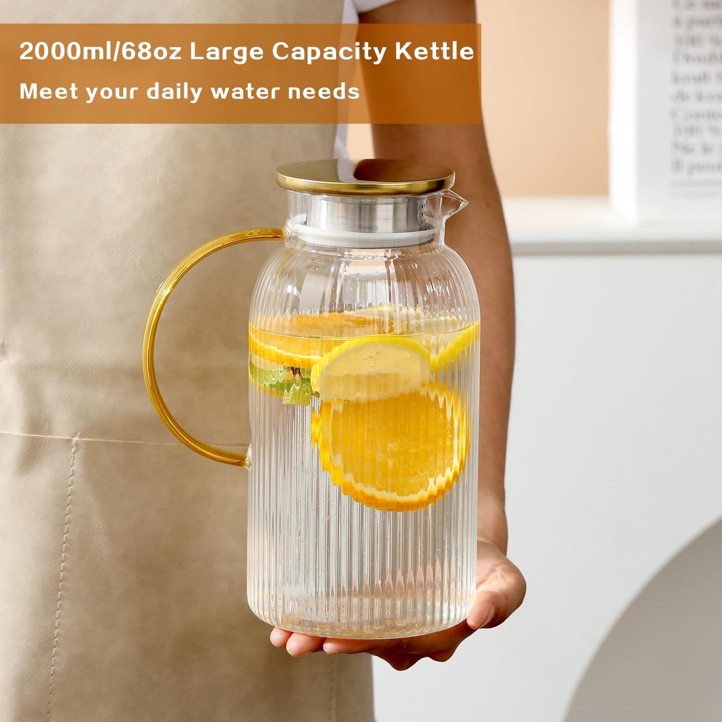 68 oz/2 Liter Glass Pitcher with Lid,Hand Blown Glass Water Pitcher for Cold Brew Coffee,Hot Water, Milk, Modern Vertical Stripes Iced Tea,Father's Day Gifts