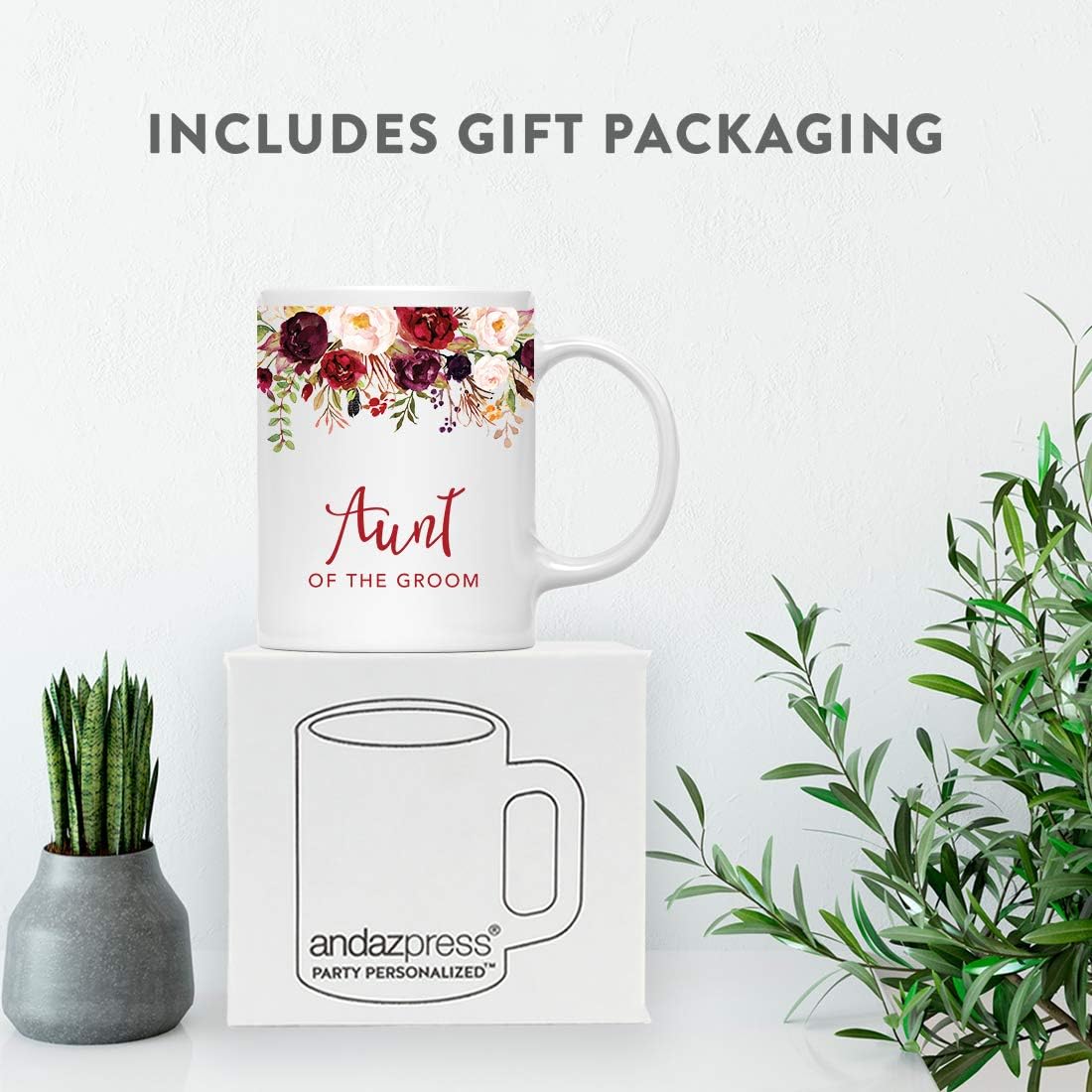 Andaz Press 11oz. Wedding Ceramic Coffee Tea Mug Gift, Fall Autumn Marsala Burgundy Flowers Roses Florals, Aunt of the Groom, 1-Pack, Includes Gift Box