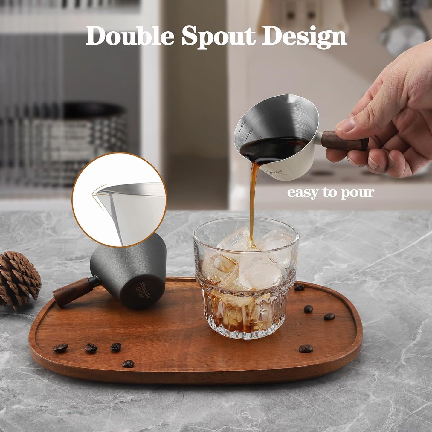 Mongdio Espresso Measuring Cup, Stainless Steel Espresso Shot Cups with Wooden Handle and Double Spouts, 3.4OZ/100ML, White