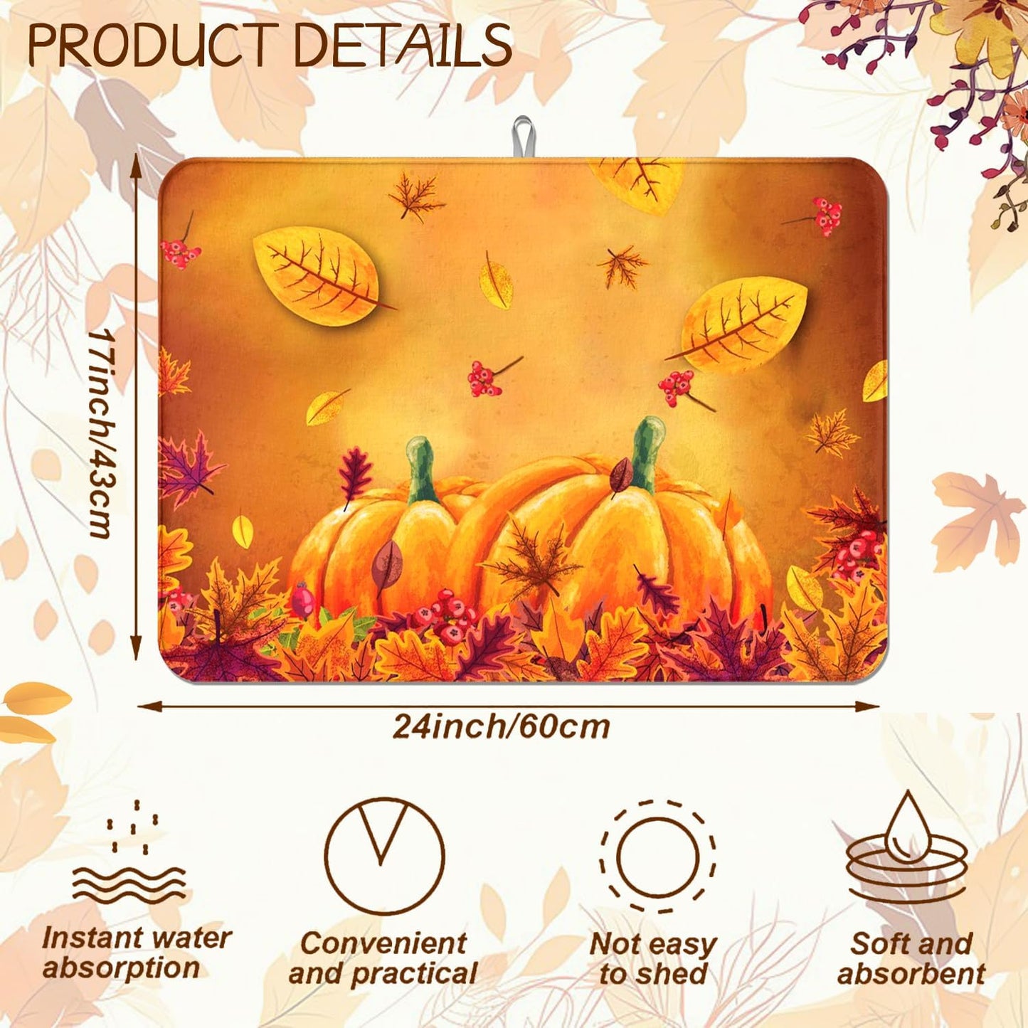 Autumn Fall Dish Drying Mat Harvest Pumpkin Maple Leaf 18 X 24 Inch For Kitchen Counter Reversible Dish Drying Pad Water Absorbing And Drying Mat For Kitchen Coffee Bar Decoration