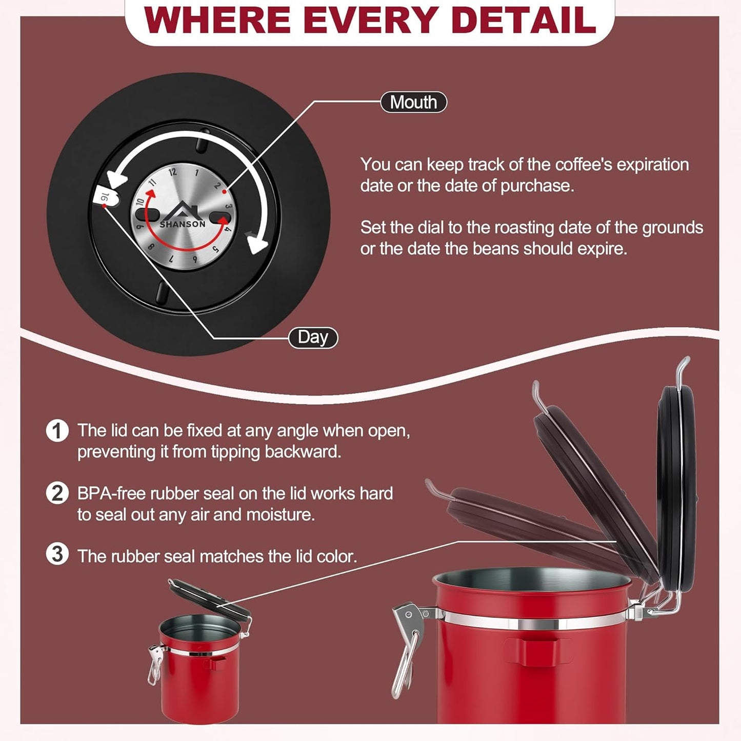 ShanSon Coffee Canister Airtight Coffee Container Stainless Steel Coffee Bean Storage Container with Scoop Coffee Canister for Beans Grounds Sugar Flour Tea Cereal,11OZ,Red