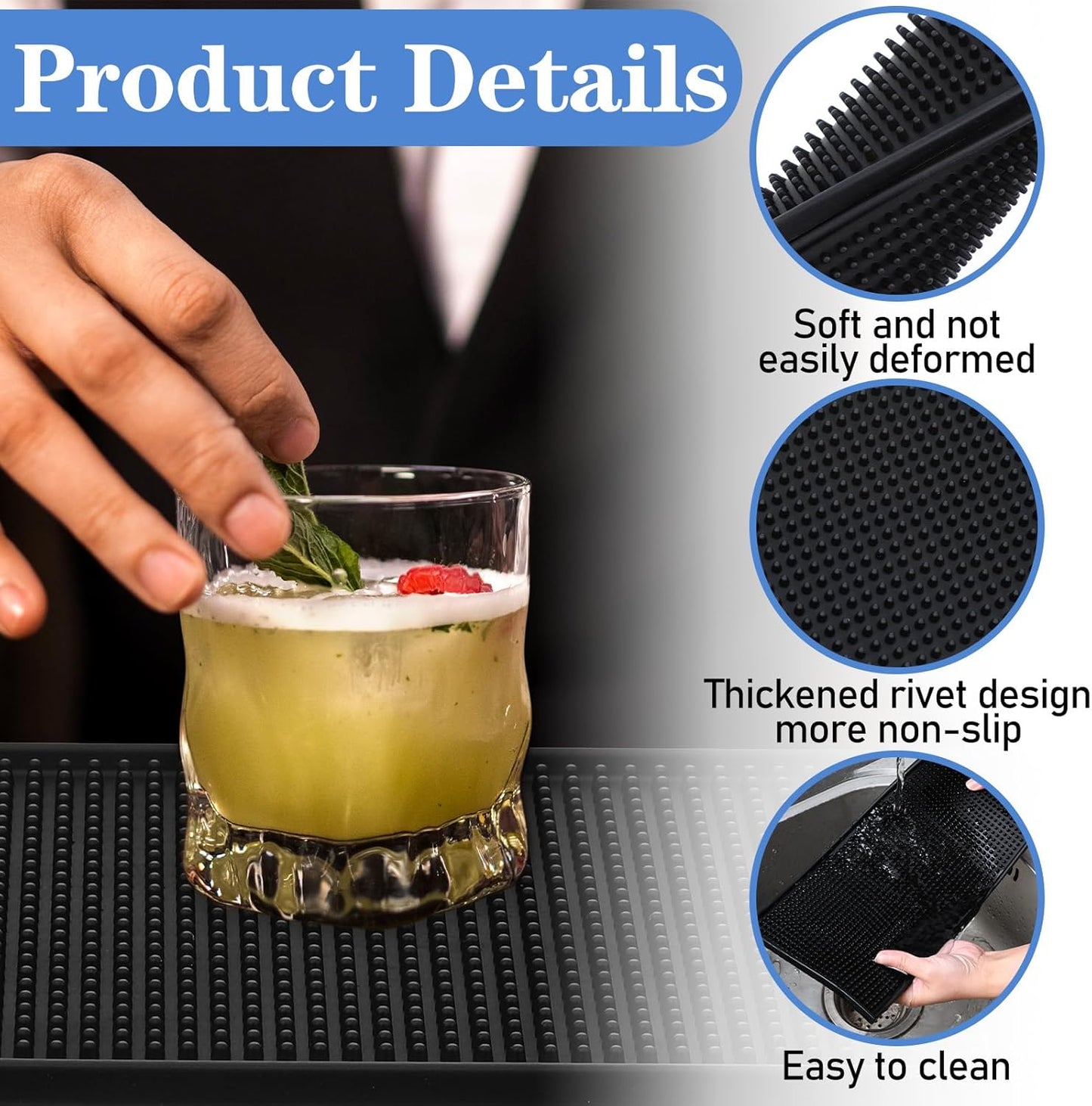 6 Pack Black Bar Mat - 6" x 12" Rubber Bar Mats for Countertop, Non-Slip Spill Mas for Bartending, Coffee, Kitchen & Home Bars, Durable PVC Bars Top Mat for Glasses & Drinks