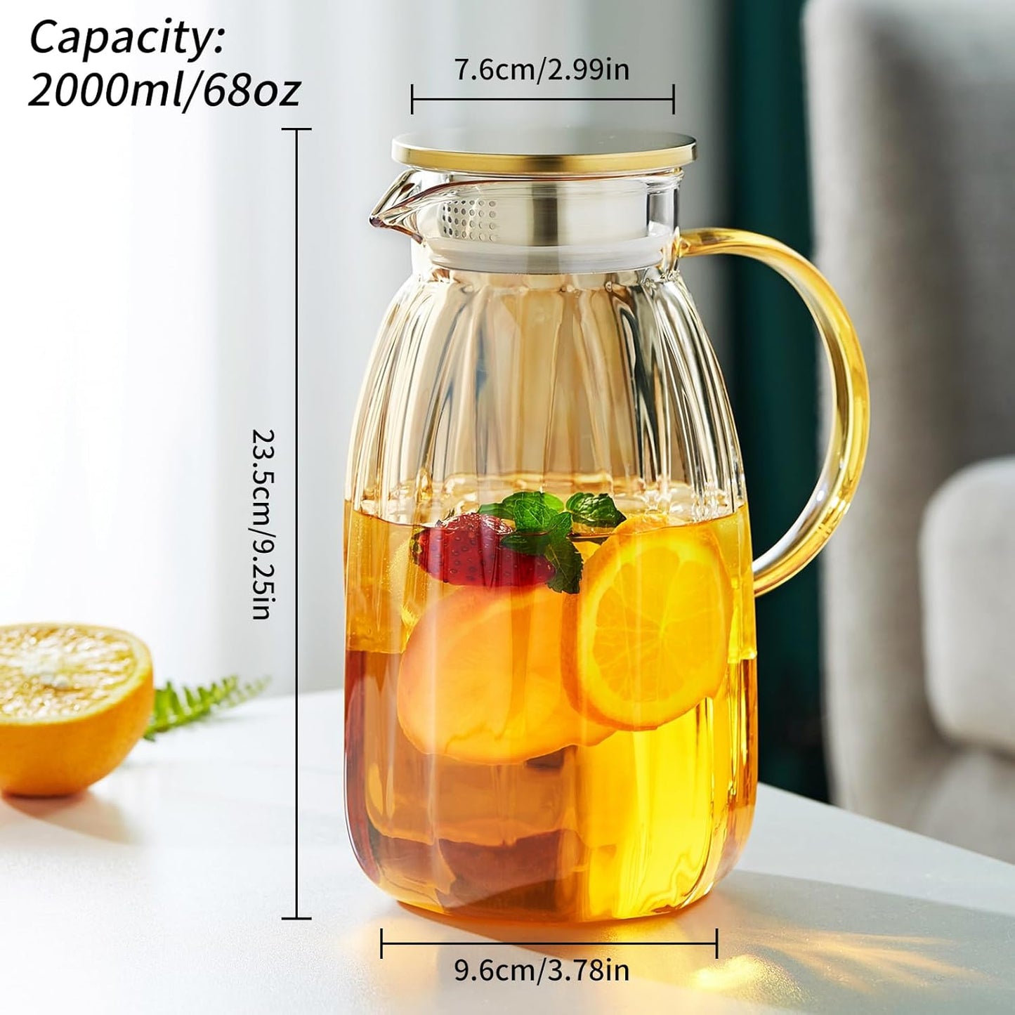 68OZ Glass Pitcher with Lid and Spout, Water Jug, 2000ml Carafe for Hot/Cold Water, Large Iced Tea Pitcher for Coffee, Juice and Homemade Beverage
