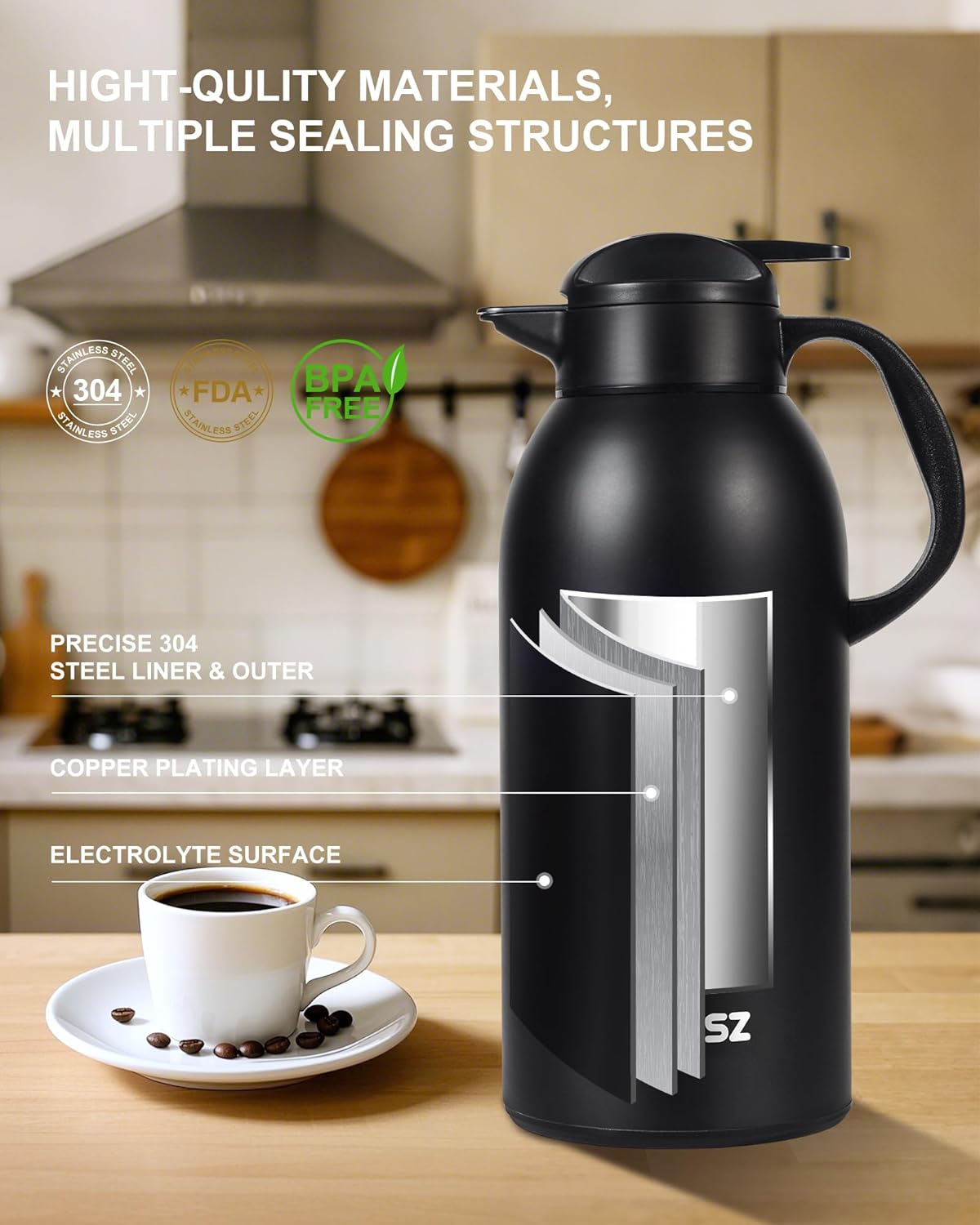 2 PCS Thermal Coffee Carafe 101 oz / 3L - Up to 24 Hours Hot, Insulated Stainless Steel Aipot for Hot Liquids, Coffee Carafes For Keeping Hot Coffee for Parties -Large Tea Carafe Flask(Black+Black)