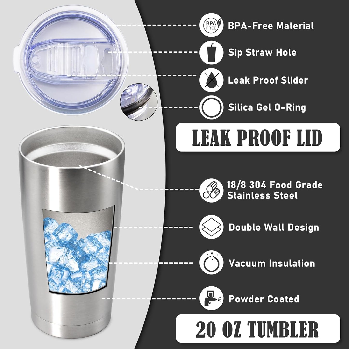 20 oz Tumbler Coffee Tavel Tumblers Bulk with Lid Stainless Steel Double Wall Vacuum Insulated Mug Powder Coated Cups fit Car Cupholder for Hot and Cold - Stainless Steel, 4Pack