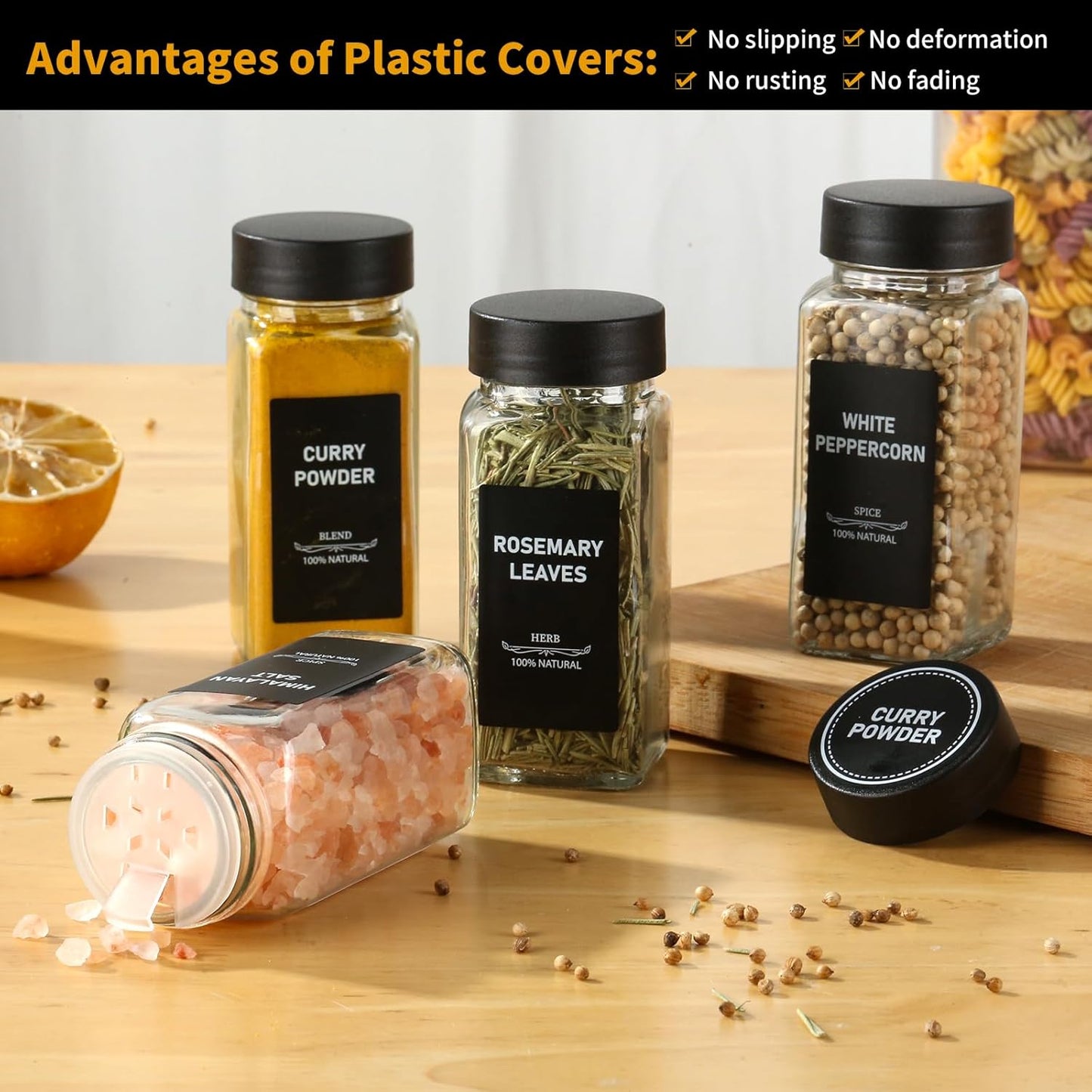 24Pcs Spice Jars Containers with Labels，4oz Black Seasoning Bottles with Shaker Lids for Rack, Cabinet, Drawer,Empty Square Condiment Pots (24, Black)